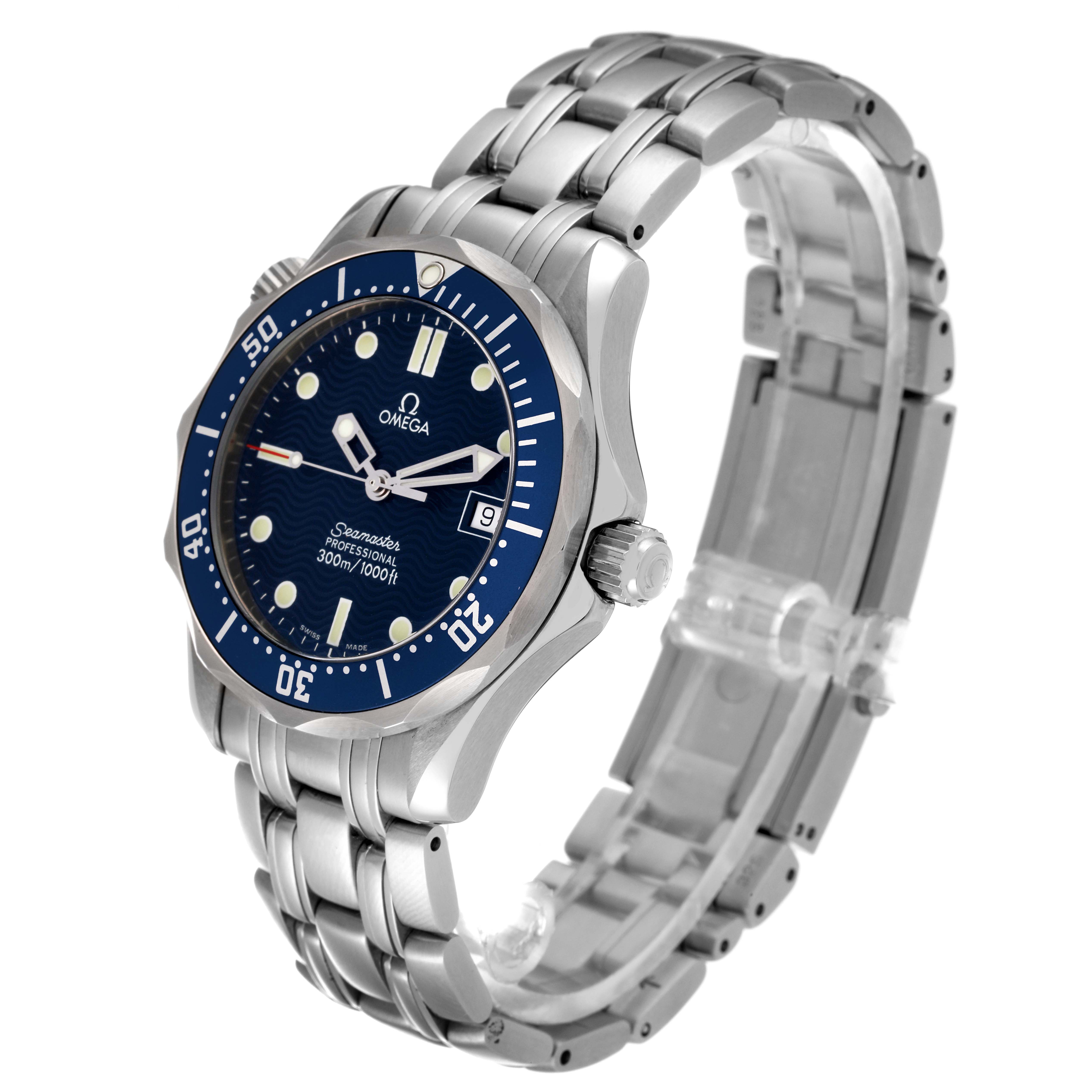 The Omega Seamaster 2561.80.00 Men's Stainless Steel Blue Dial 2561.80.00 Men's Stainless Steel Blue Dial watch is shown at a three-quarter angle, highlighting the face, bezel, and bracelet.