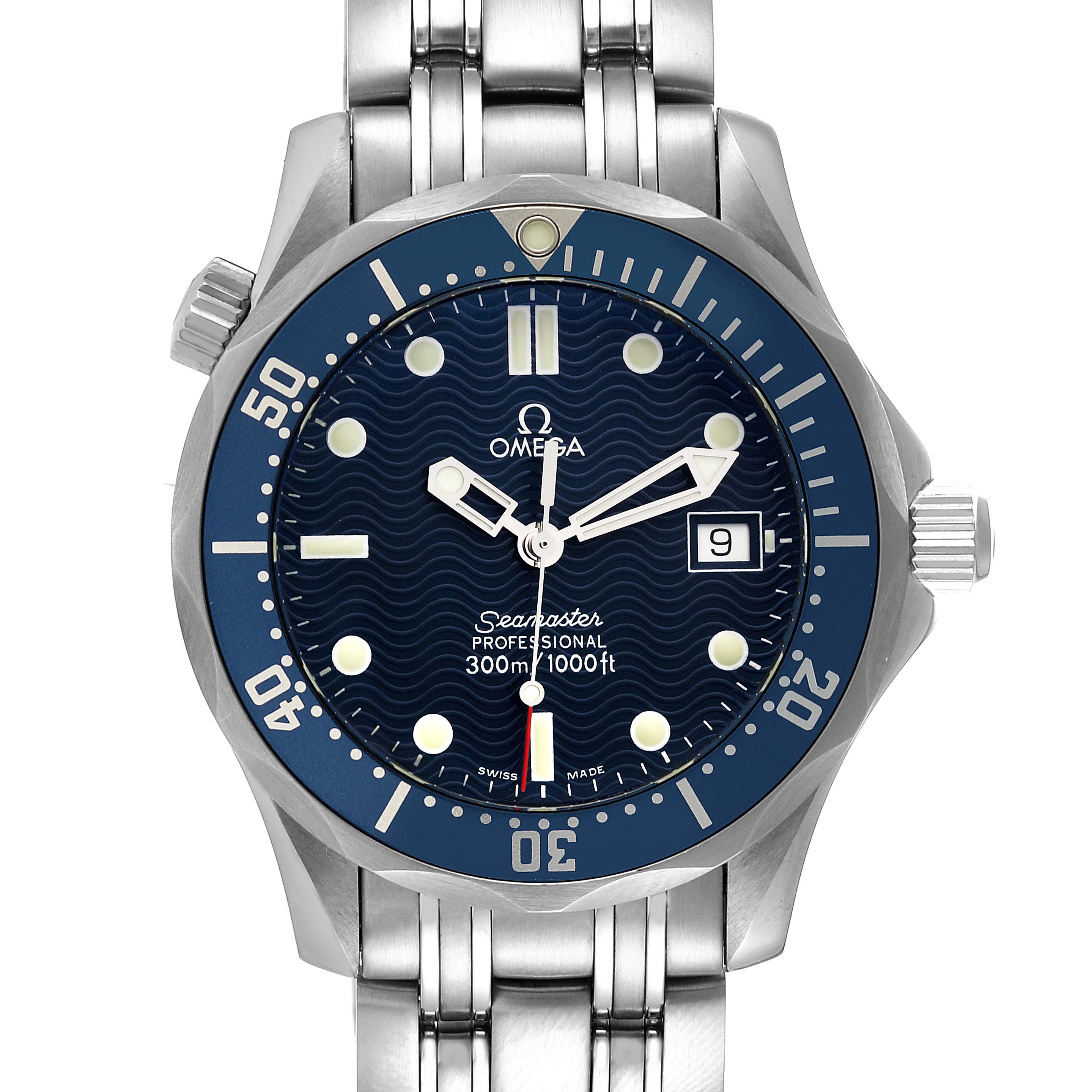 The image shows a front view of an Omega Seamaster 2561.80.00 Men's Stainless Steel Blue Dial 2561.80.00 Men's Stainless Steel Blue Dial watch, highlighting the dial, bezel, bracelet, and crown.