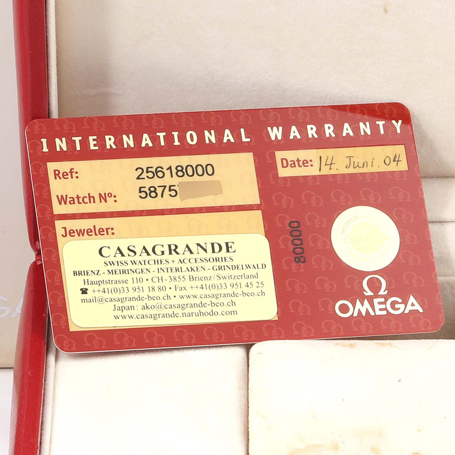 The image shows the International Warranty card for an Omega Seamaster 2561.80.00 Men's Stainless Steel Blue Dial 2561.80.00 Men's Stainless Steel Blue Dial watch, viewed from the front.