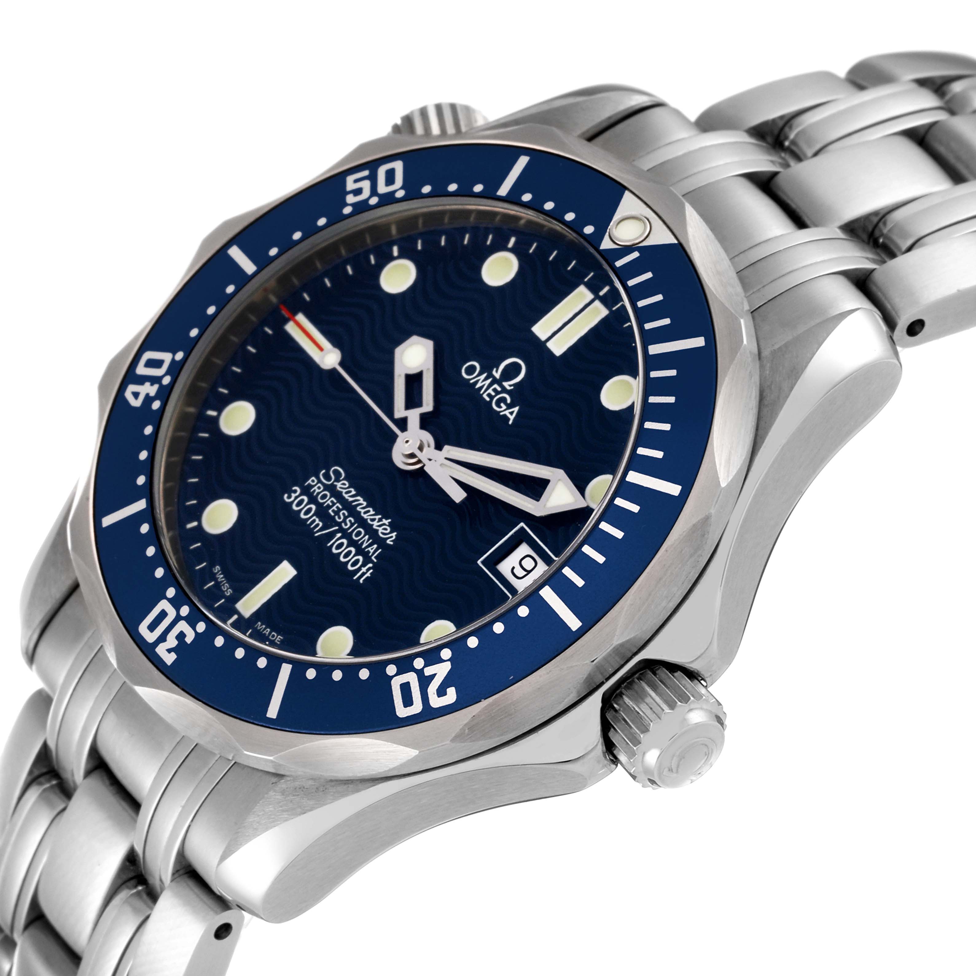 The image shows an angled view of the Omega Seamaster 2561.80.00 Men's Stainless Steel Blue Dial 2561.80.00 Men's Stainless Steel Blue Dial watch, highlighting the dial, bezel, crown, and bracelet.