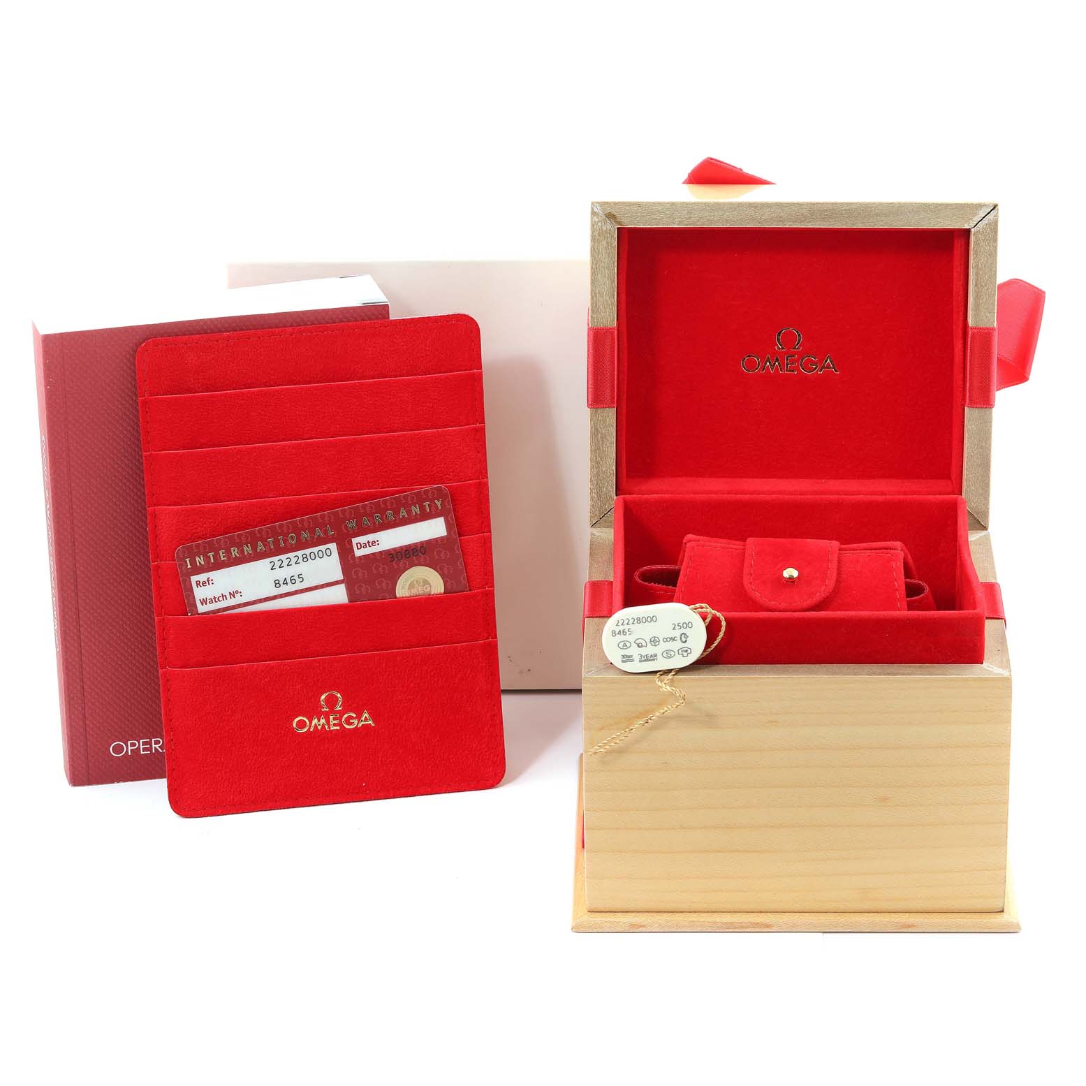 The image shows an Omega Seamaster 2222.80.00 Men's Stainless Steel Blue Dial 2222.80.00 Men's Stainless Steel Blue Dial watch box, warranty booklet, and red cardholder with documentation.