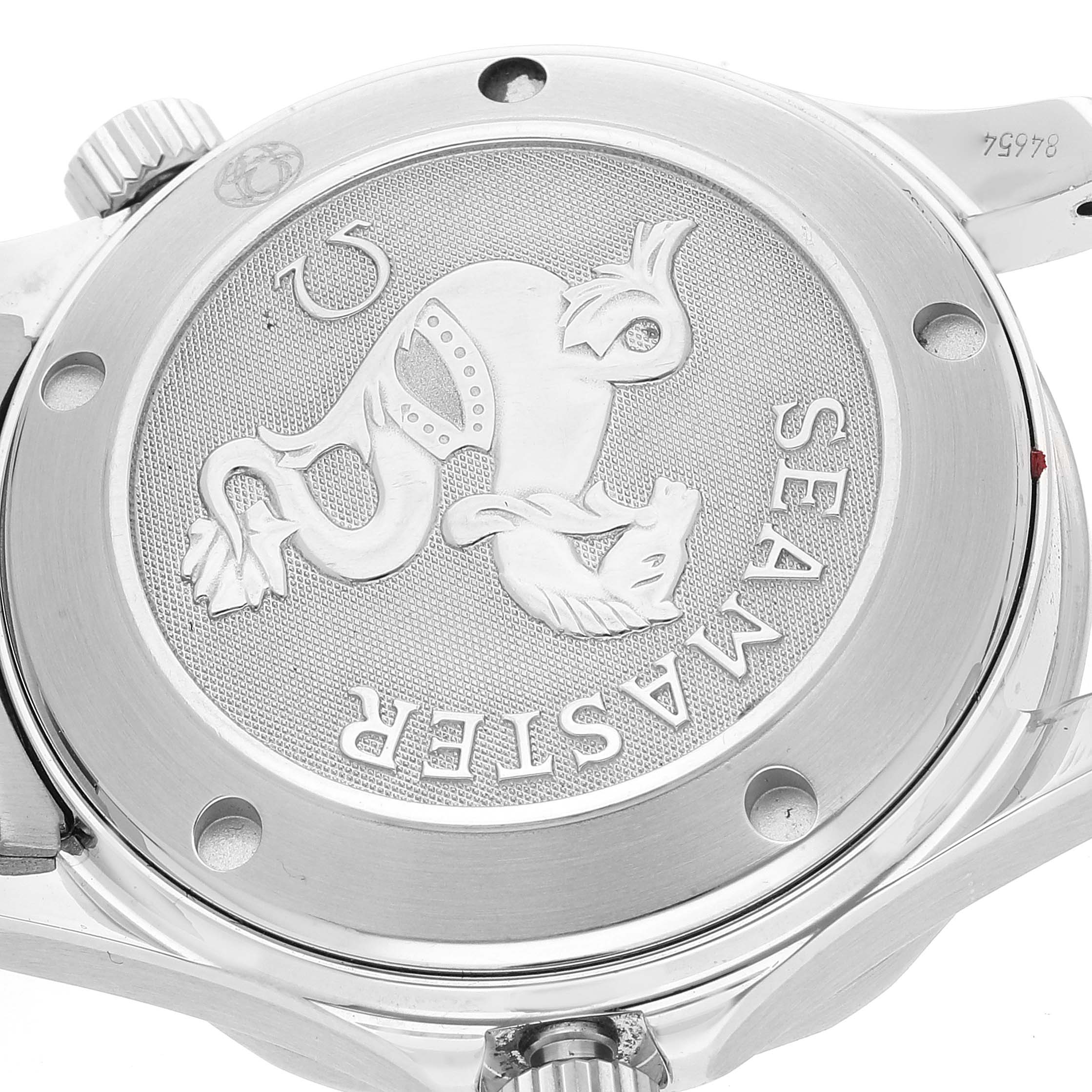 The image shows the case back of an Omega Seamaster 2222.80.00 Men's Stainless Steel Blue Dial 2222.80.00 Men's Stainless Steel Blue Dial watch at an angled view, highlighting the embossed design and watch crown.