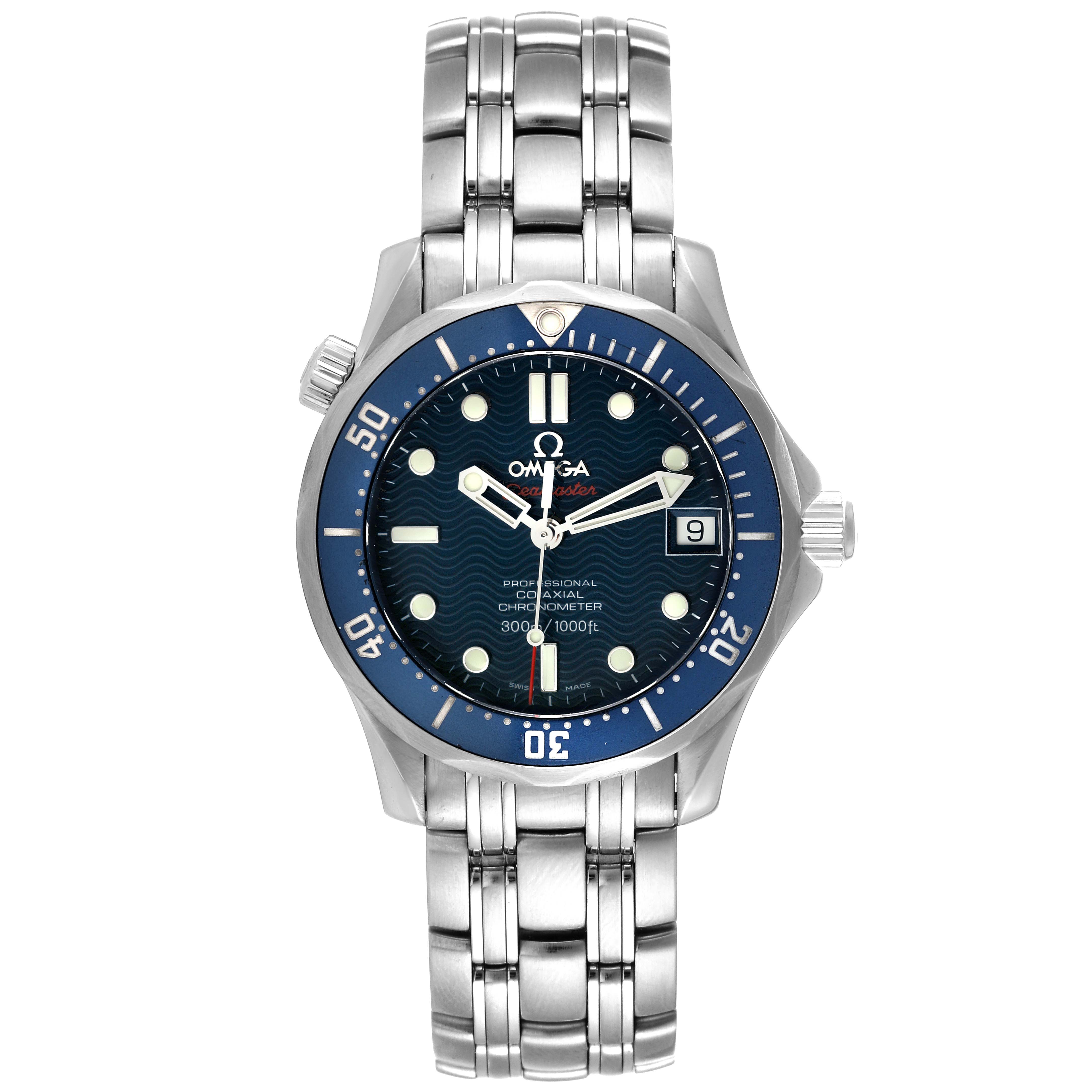 This image shows a front view of the Omega Seamaster 2222.80.00 Men's Stainless Steel Blue Dial 2222.80.00 Men's Stainless Steel Blue Dial watch, highlighting its blue dial, bezel, and metal bracelet.
