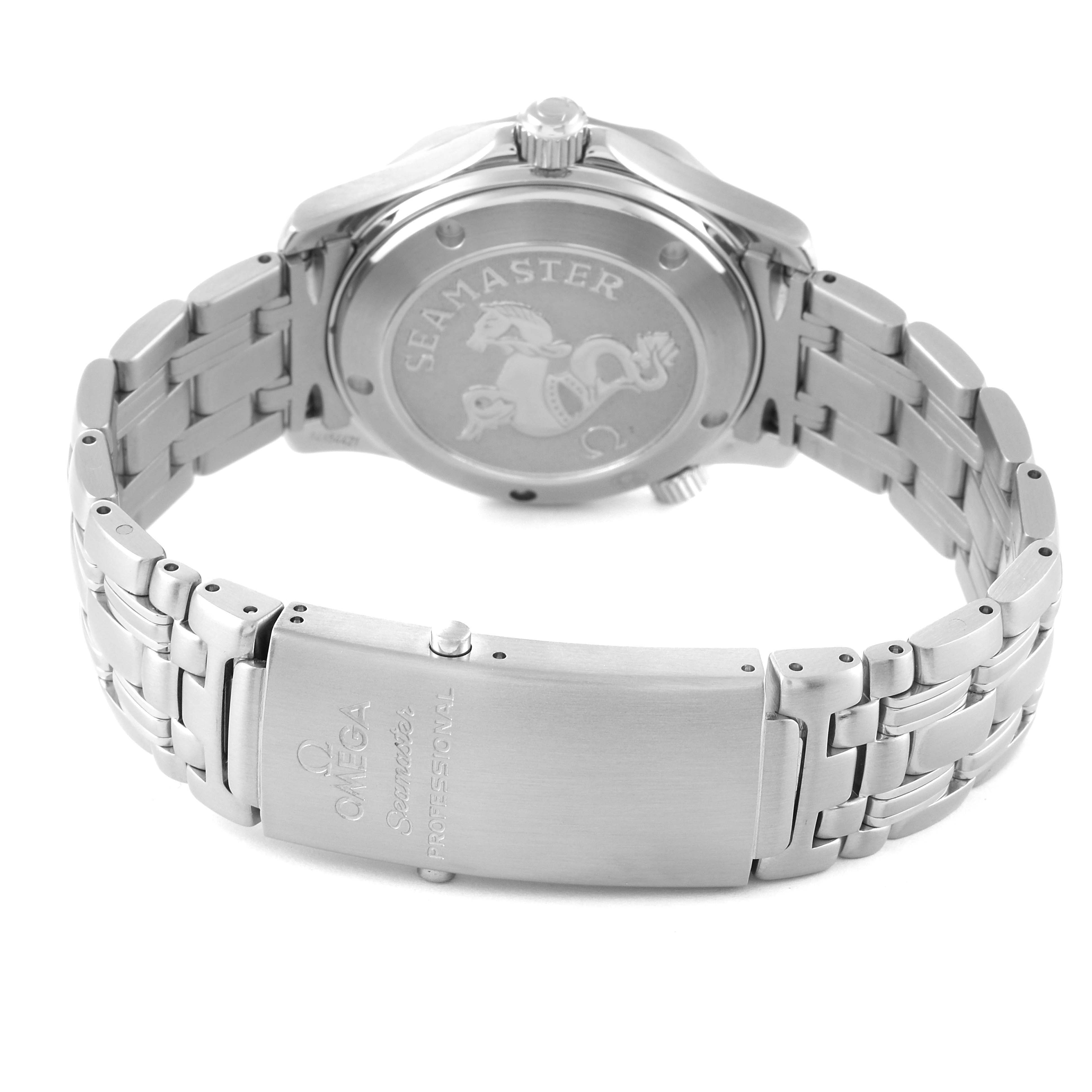 The image shows the back of an Omega Seamaster 2222.80.00 Men's Stainless Steel Blue Dial 2222.80.00 Men's Stainless Steel Blue Dial watch, including its metal bracelet and clasp, displayed at a slight angle.