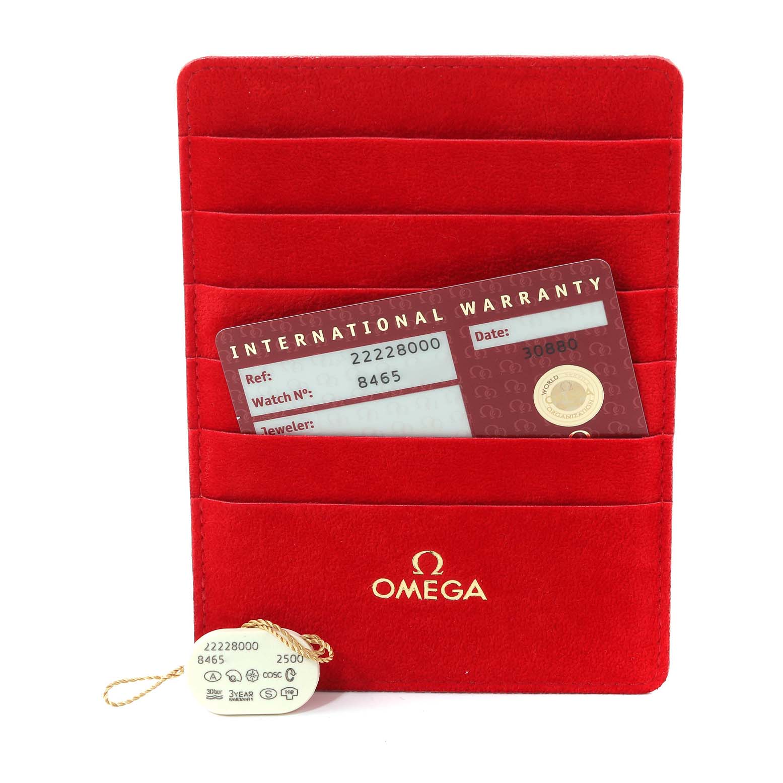 The image shows a red Omega cardholder with the International Warranty card and a tag for the Omega Seamaster 2222.80.00 Men's Stainless Steel Blue Dial 2222.80.00 Men's Stainless Steel Blue Dial model.