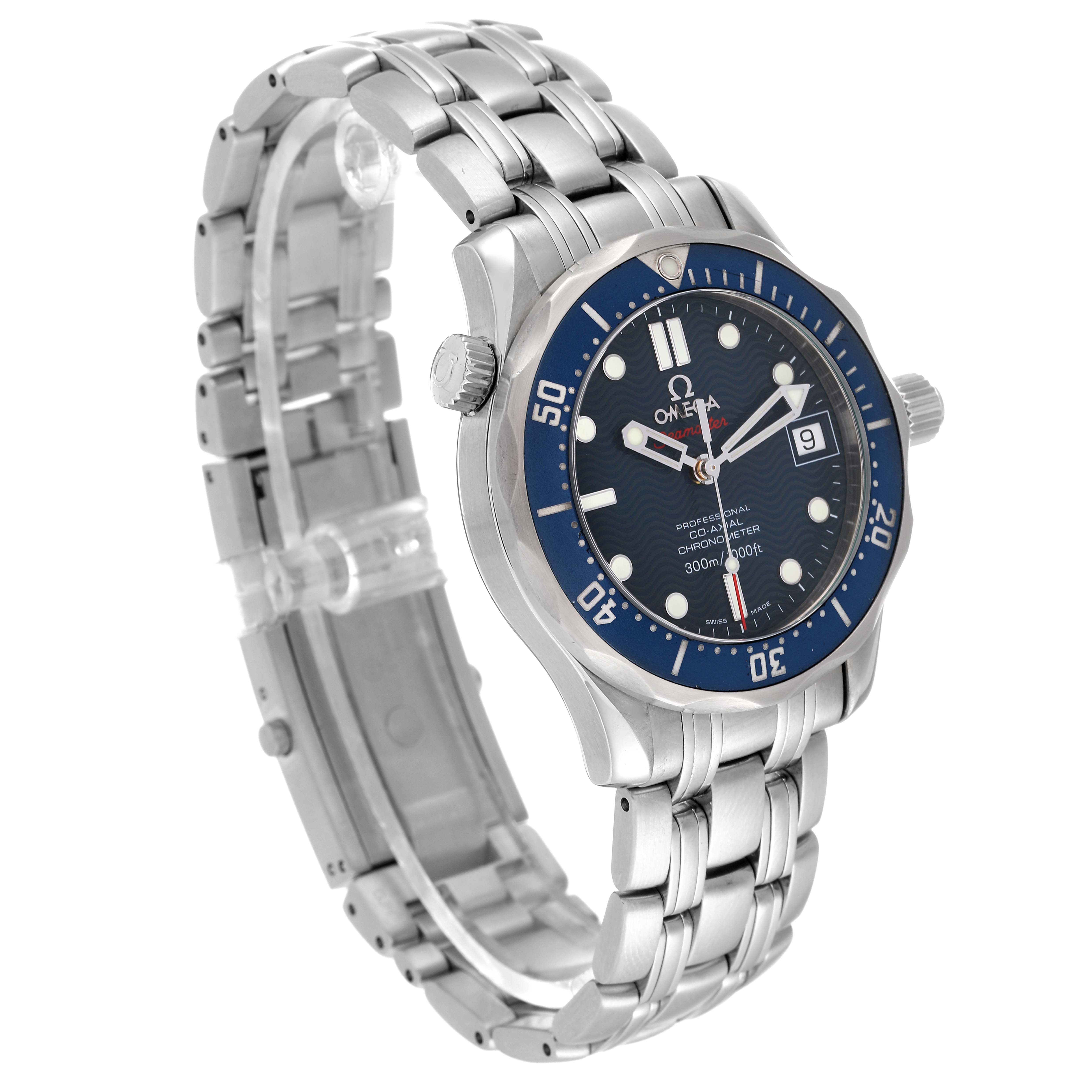 The image shows a side-angle view of an Omega Seamaster 2222.80.00 Men's Stainless Steel Blue Dial 2222.80.00 Men's Stainless Steel Blue Dial watch highlighting its blue dial, bezel, and stainless steel bracelet.