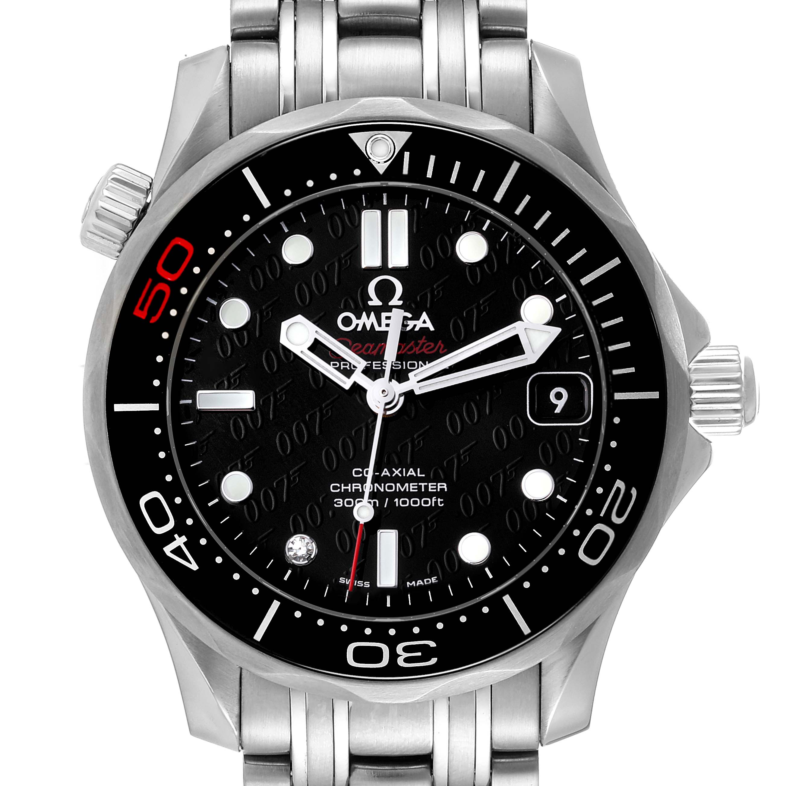 This image shows a front view of an Omega Seamaster 212.30.36.20.51.001 Men's Stainless Steel Black Dial 212.30.36.20.51.001 Men's Stainless Steel Black Dial watch, highlighting the dial, bezel, hands, and bracelet.