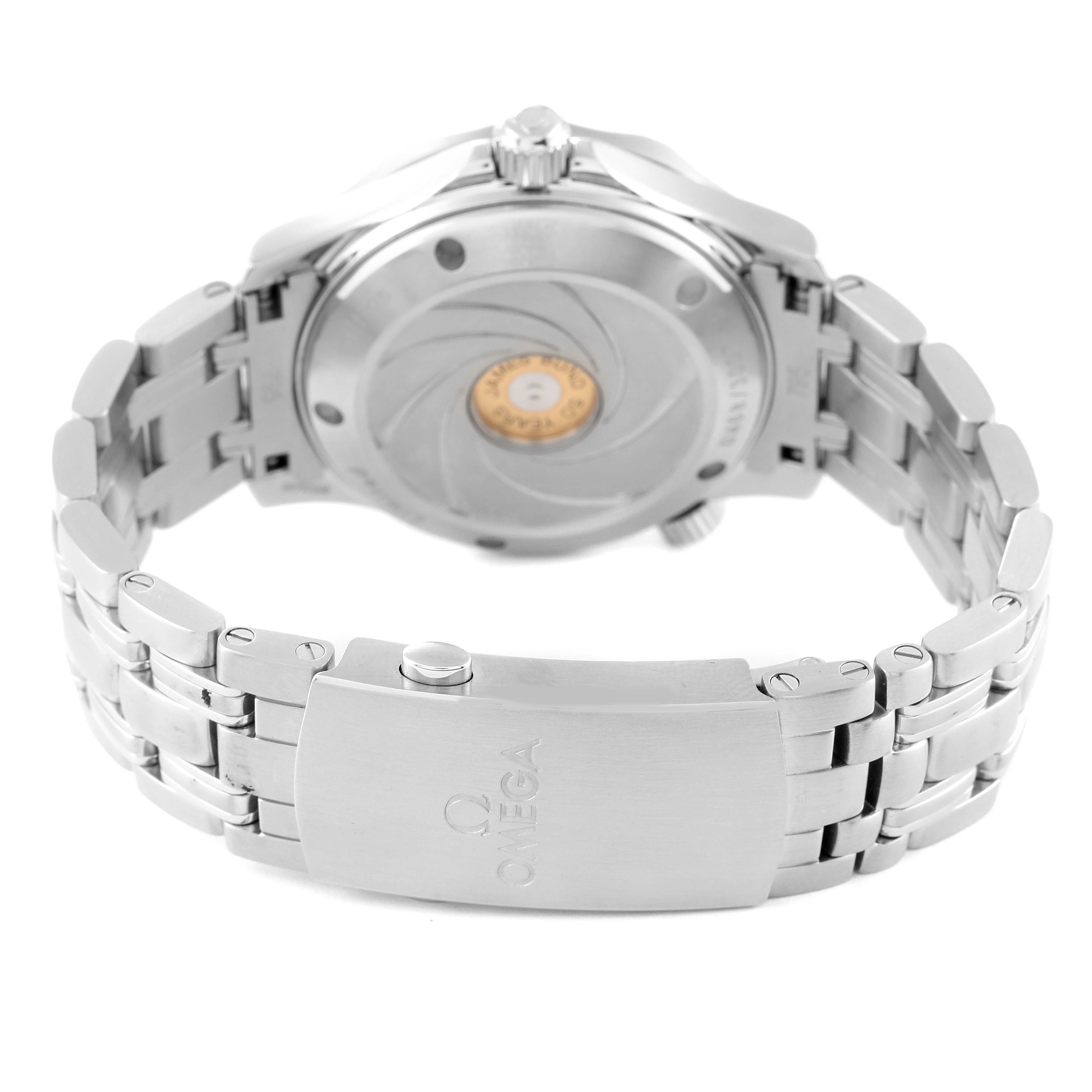 The image shows the back view of an Omega Seamaster 212.30.36.20.51.001 Men's Stainless Steel Black Dial 212.30.36.20.51.001 Men's Stainless Steel Black Dial watch, focusing on the clasp and bracelet.