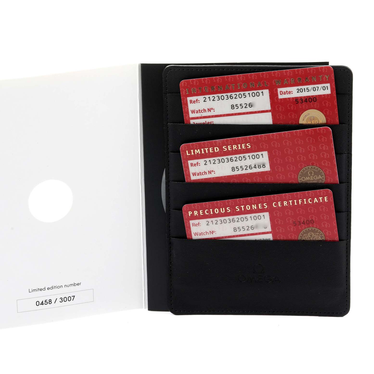 The image shows the warranty cards and limited edition number certificate for an Omega Seamaster 212.30.36.20.51.001 Men's Stainless Steel Black Dial 212.30.36.20.51.001 Men's Stainless Steel Black Dial watch.