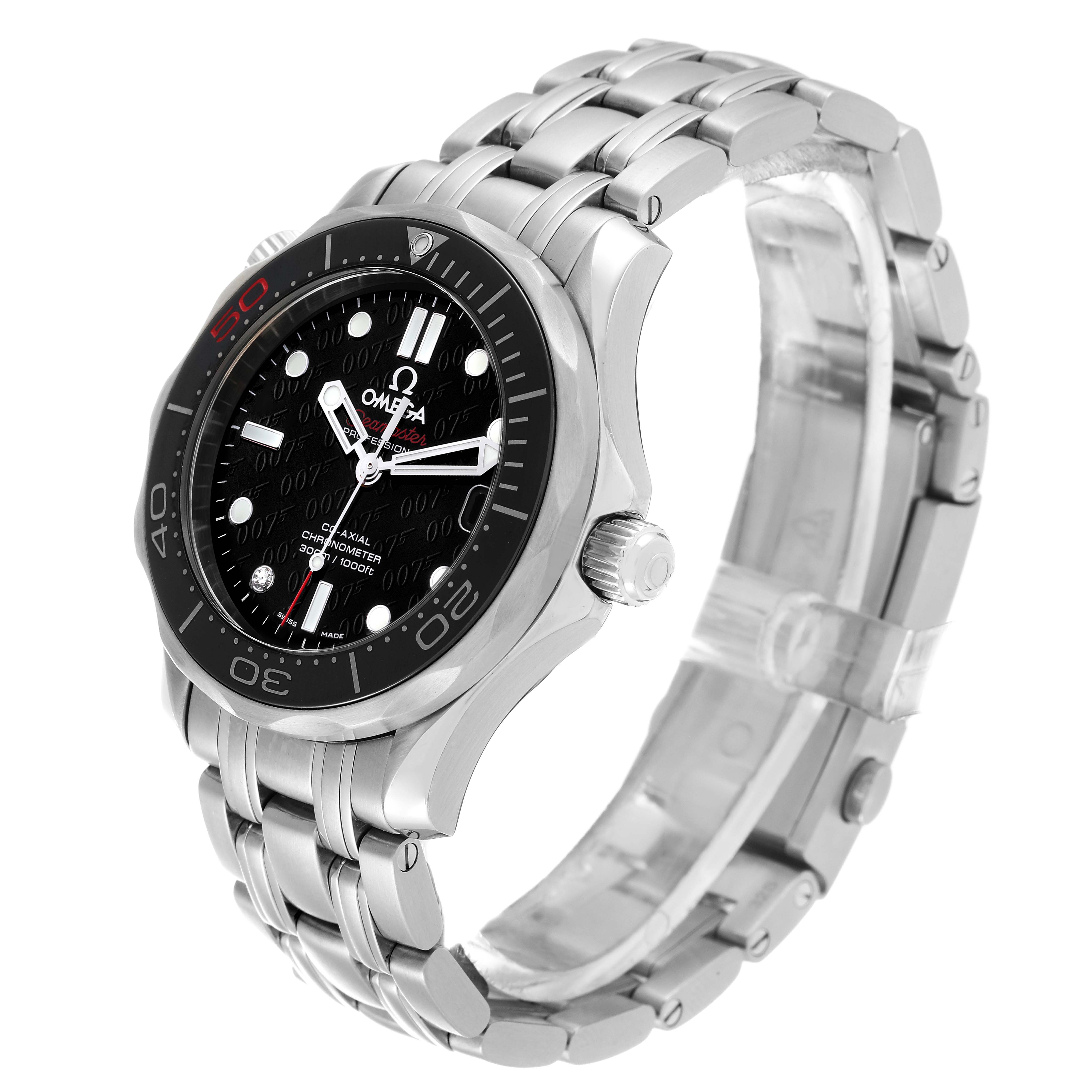 The Omega Seamaster 212.30.36.20.51.001 Men's Stainless Steel Black Dial 212.30.36.20.51.001 Men's Stainless Steel Black Dial watch is shown at a three-quarter angle, displaying the face, bezel, crown, and metal bracelet.