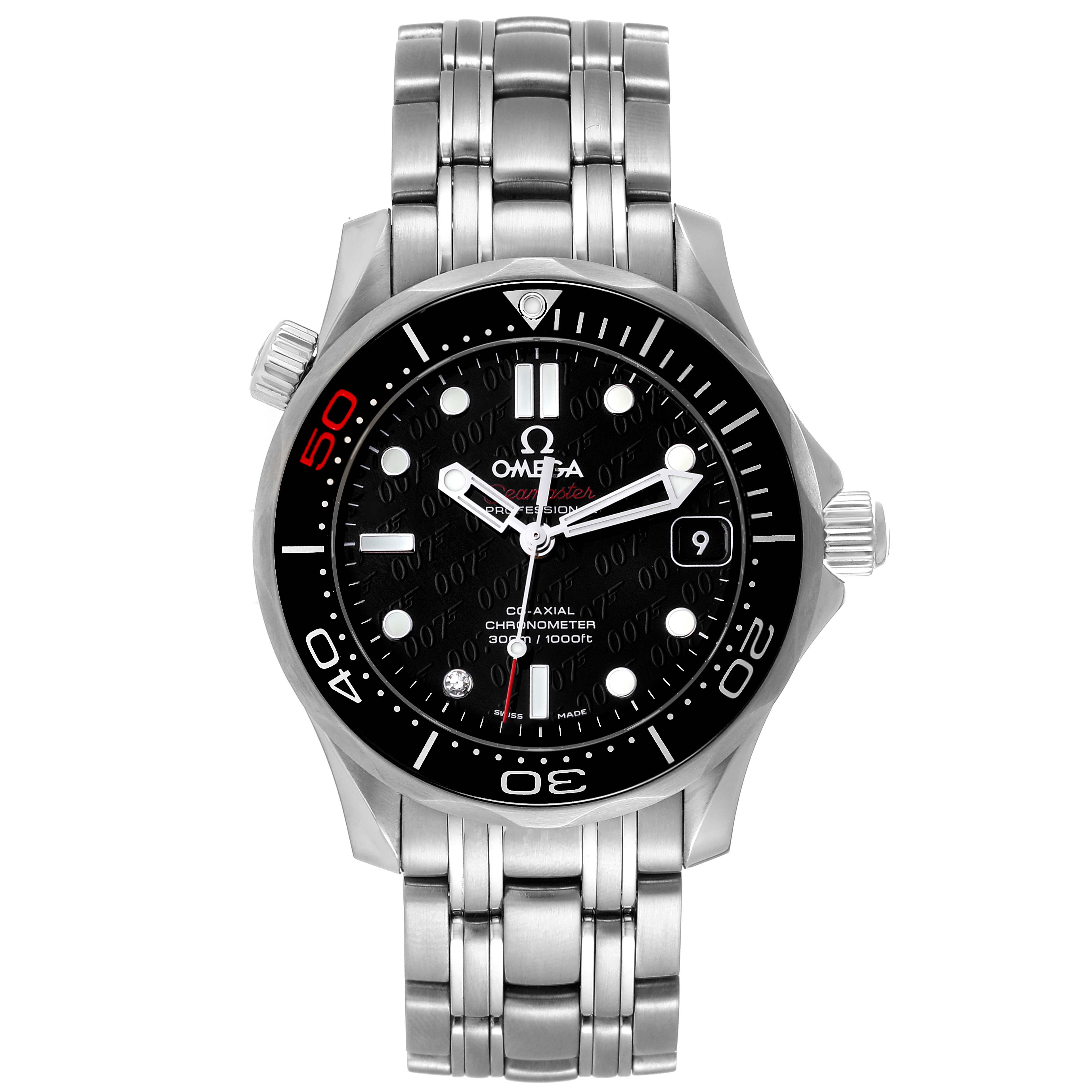 The image shows a front view of the Omega Seamaster 212.30.36.20.51.001 Men's Stainless Steel Black Dial 212.30.36.20.51.001 Men's Stainless Steel Black Dial watch, displaying its face, bezel, crown, and metal bracelet.