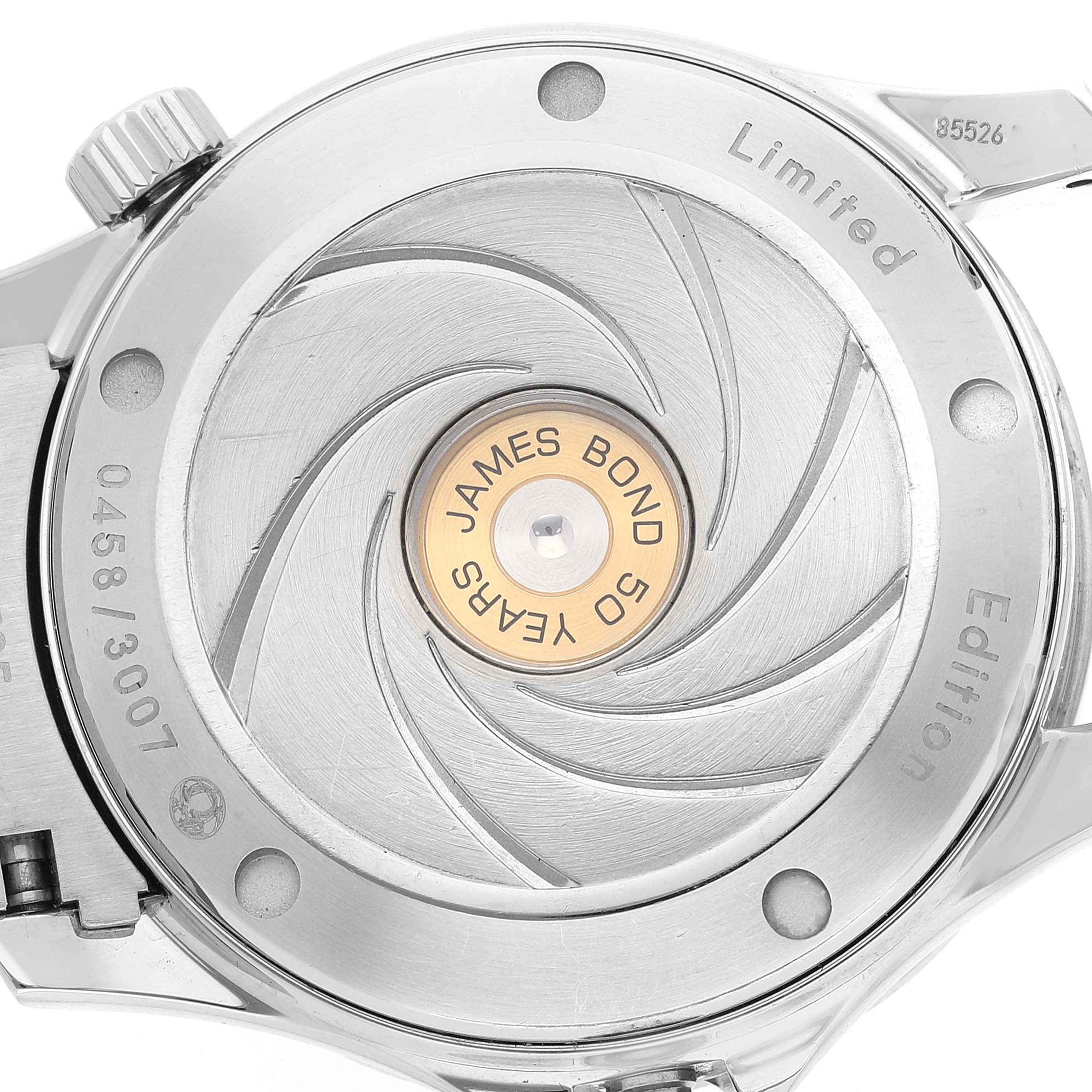 The image shows the caseback of an Omega Seamaster 212.30.36.20.51.001 Men's Stainless Steel Black Dial 212.30.36.20.51.001 Men's Stainless Steel Black Dial watch, featuring a "James Bond 50 Years" engraving.