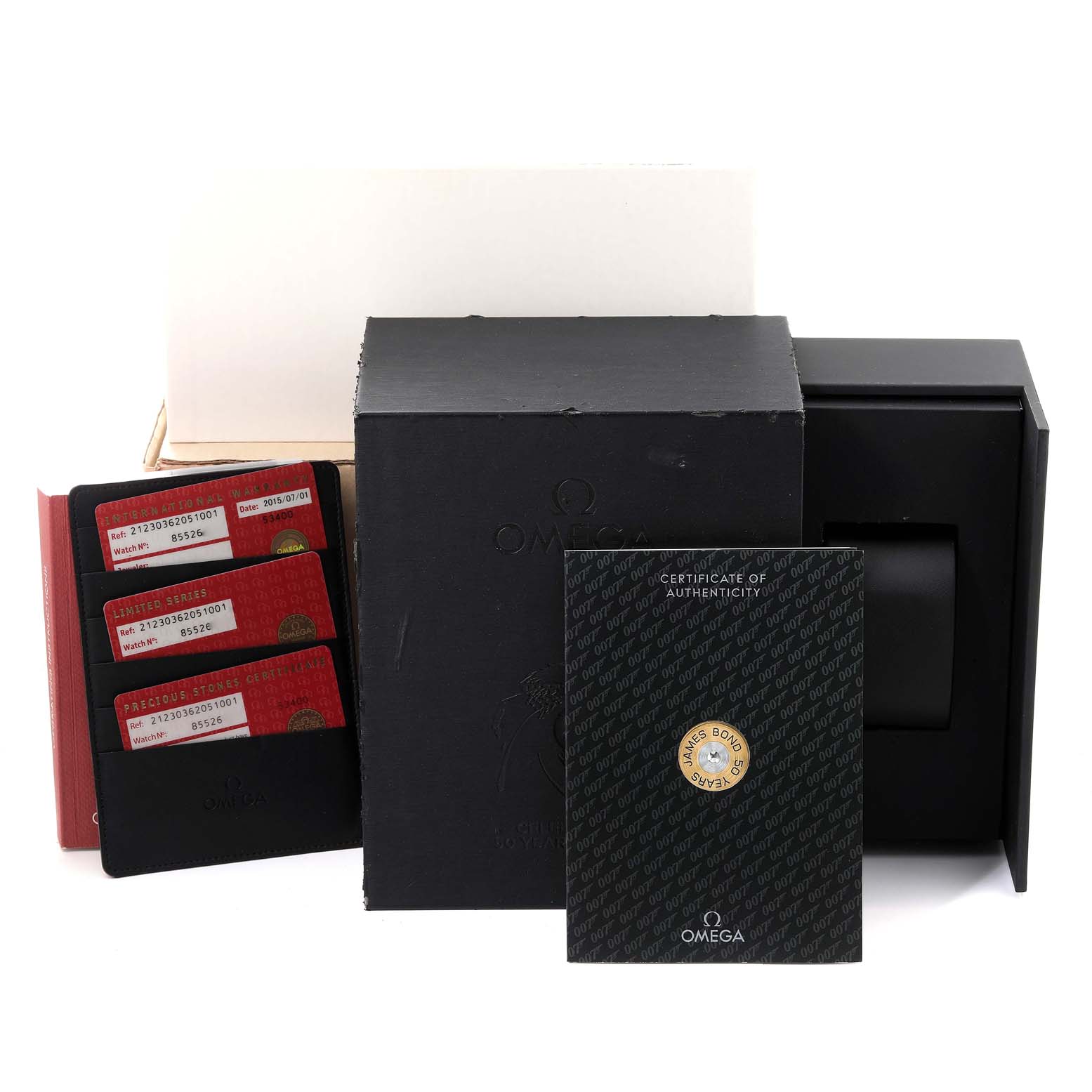 The image shows the packaging and accessories for an Omega Seamaster 212.30.36.20.51.001 Men's Stainless Steel Black Dial 212.30.36.20.51.001 Men's Stainless Steel Black Dial, including authentication cards, a certificate, and boxes.