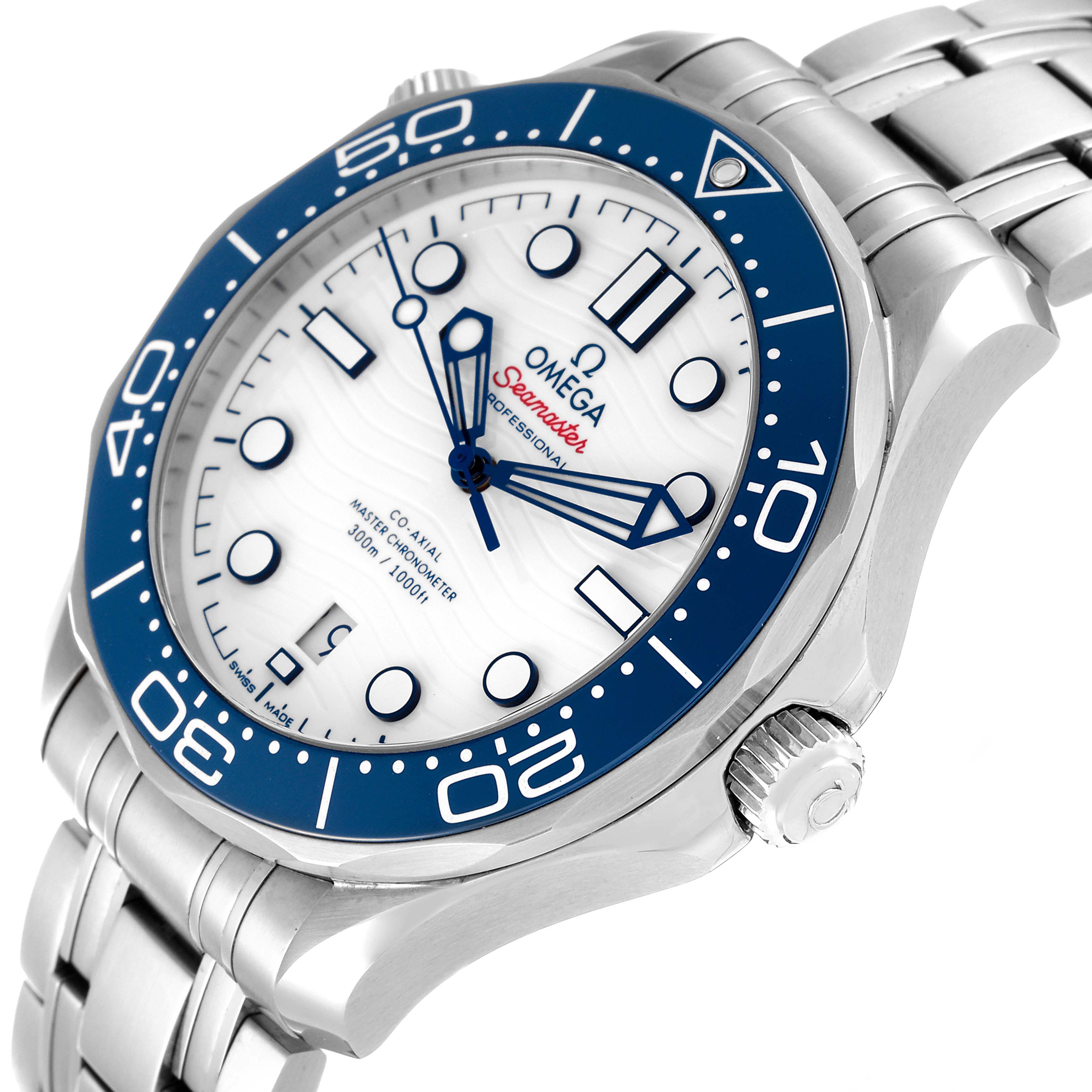 The image shows an Omega Seamaster 522.30.42.20.04.001 Men's Stainless Steel White Dial 522.30.42.20.04.001 Men's Stainless Steel White Dial watch at an angled close-up, highlighting the face, bezel, and part of the bracelet.