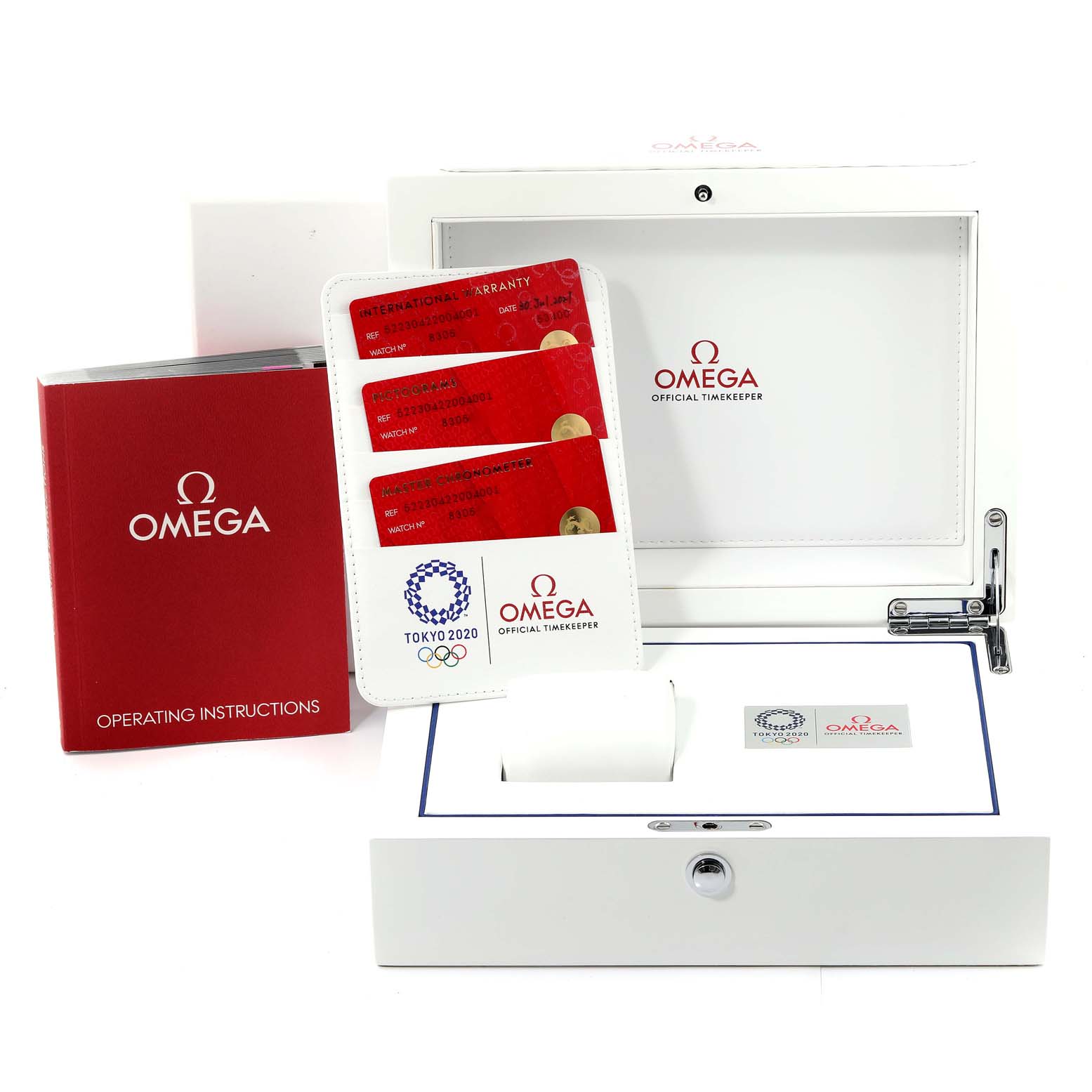 The image shows an Omega Seamaster 522.30.42.20.04.001 Men's Stainless Steel White Dial 522.30.42.20.04.001 Men's Stainless Steel White Dial model's open box, along with the operating instructions, warranty cards, and a cardholder.