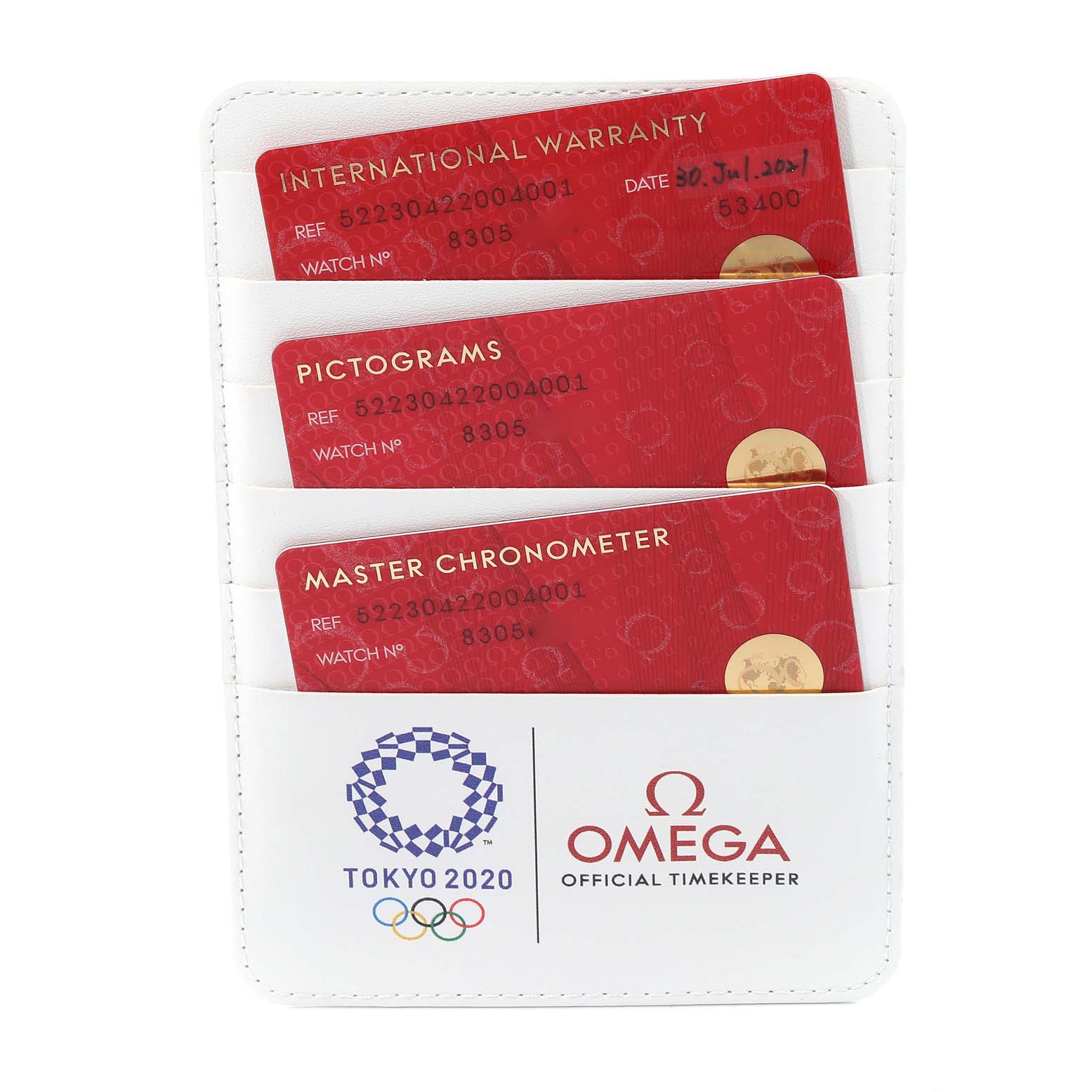 The image shows three red cards for an Omega Seamaster 522.30.42.20.04.001 Men's Stainless Steel White Dial 522.30.42.20.04.001 Men's Stainless Steel White Dial model in a white cardholder marked with the Omega logo and Tokyo 2020 branding.