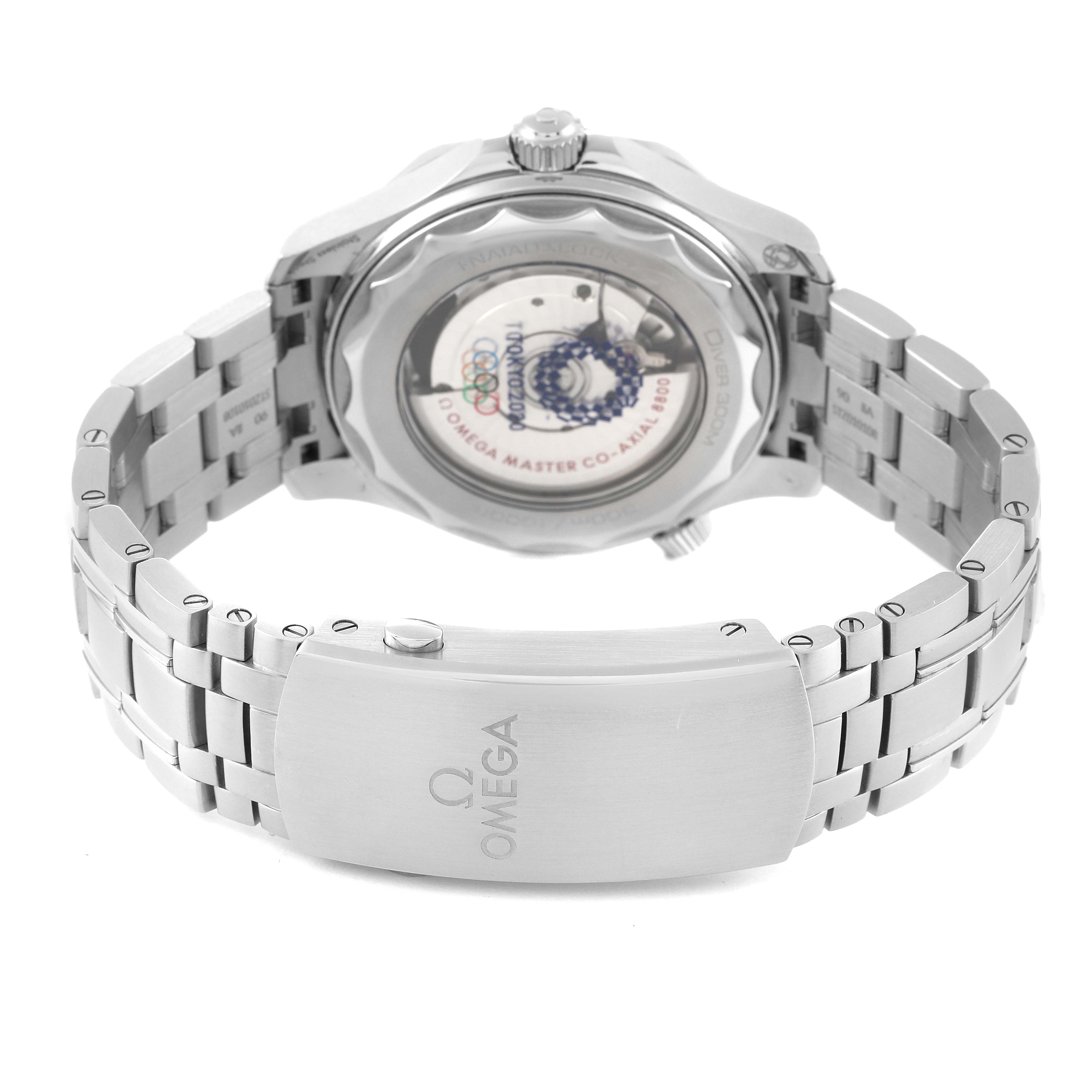 The image shows the back view of the Omega Seamaster 522.30.42.20.04.001 Men's Stainless Steel White Dial 522.30.42.20.04.001 Men's Stainless Steel White Dial watch, including the case back and metal bracelet with the clasp.