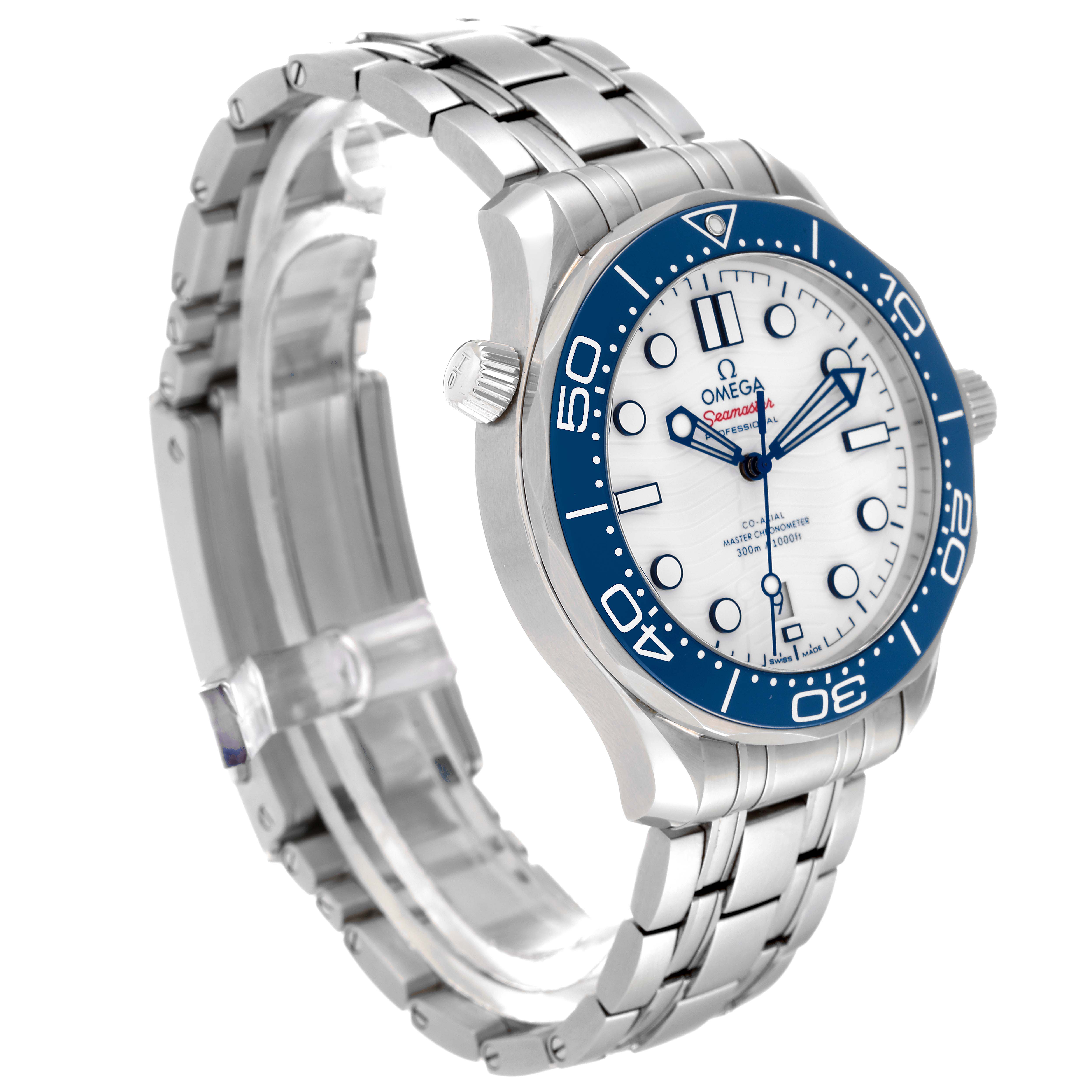 This image shows an Omega Seamaster 522.30.42.20.04.001 Men's Stainless Steel White Dial 522.30.42.20.04.001 Men's Stainless Steel White Dial watch at a three-quarter angle, highlighting its face, bezel, crown, and bracelet.