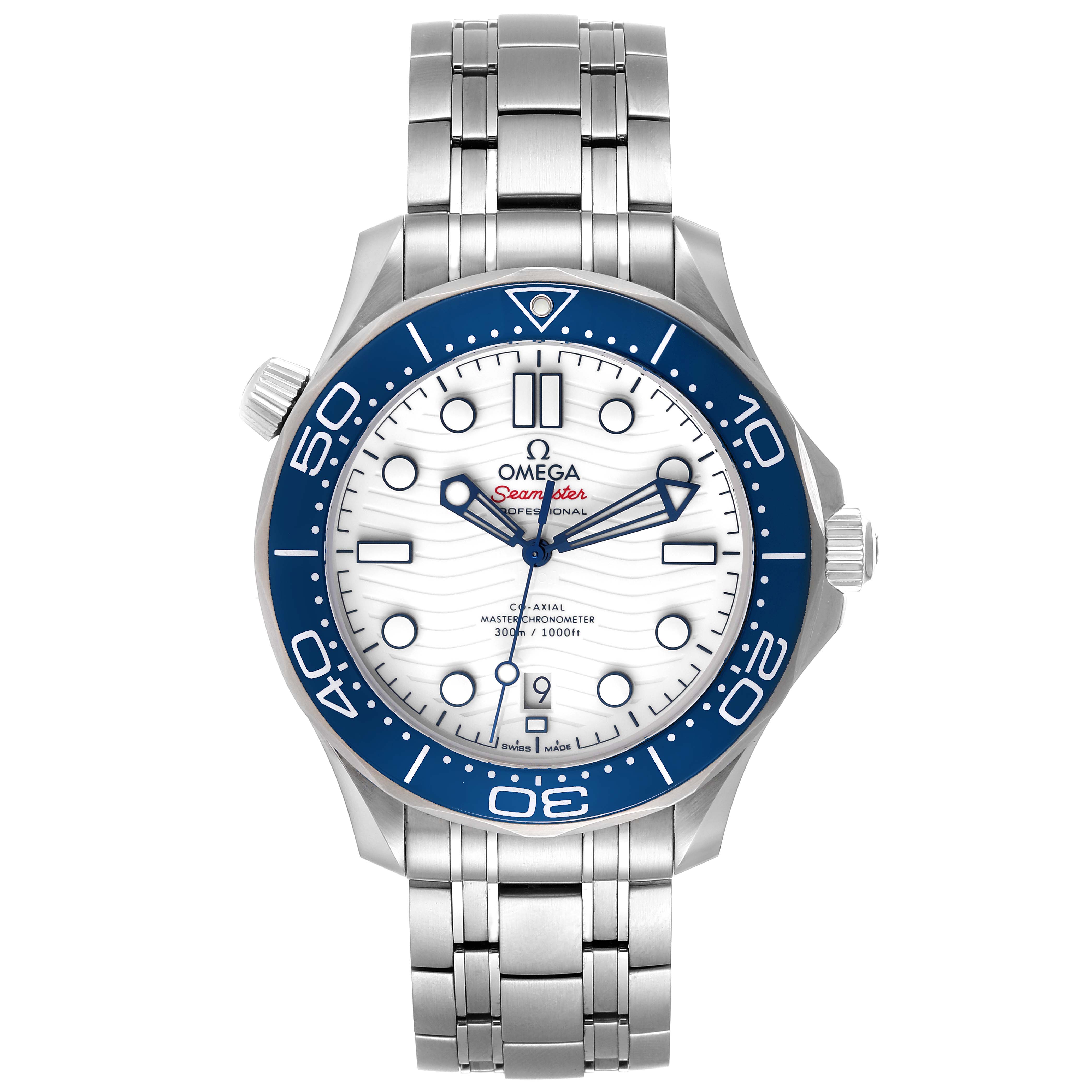 The image shows a front view of the Omega Seamaster 522.30.42.20.04.001 Men's Stainless Steel White Dial 522.30.42.20.04.001 Men's Stainless Steel White Dial watch featuring a stainless steel bracelet, a blue bezel, and a white dial.