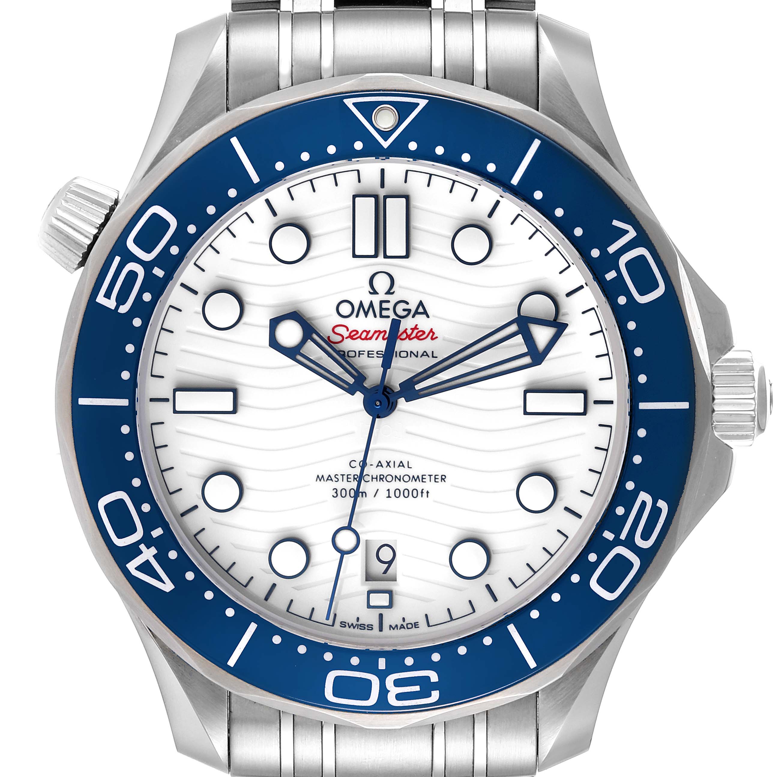 The Omega Seamaster 522.30.42.20.04.001 Men's Stainless Steel White Dial 522.30.42.20.04.001 Men's Stainless Steel White Dial watch is shown from a front angle, highlighting the white dial, blue bezel, and stainless steel bracelet.