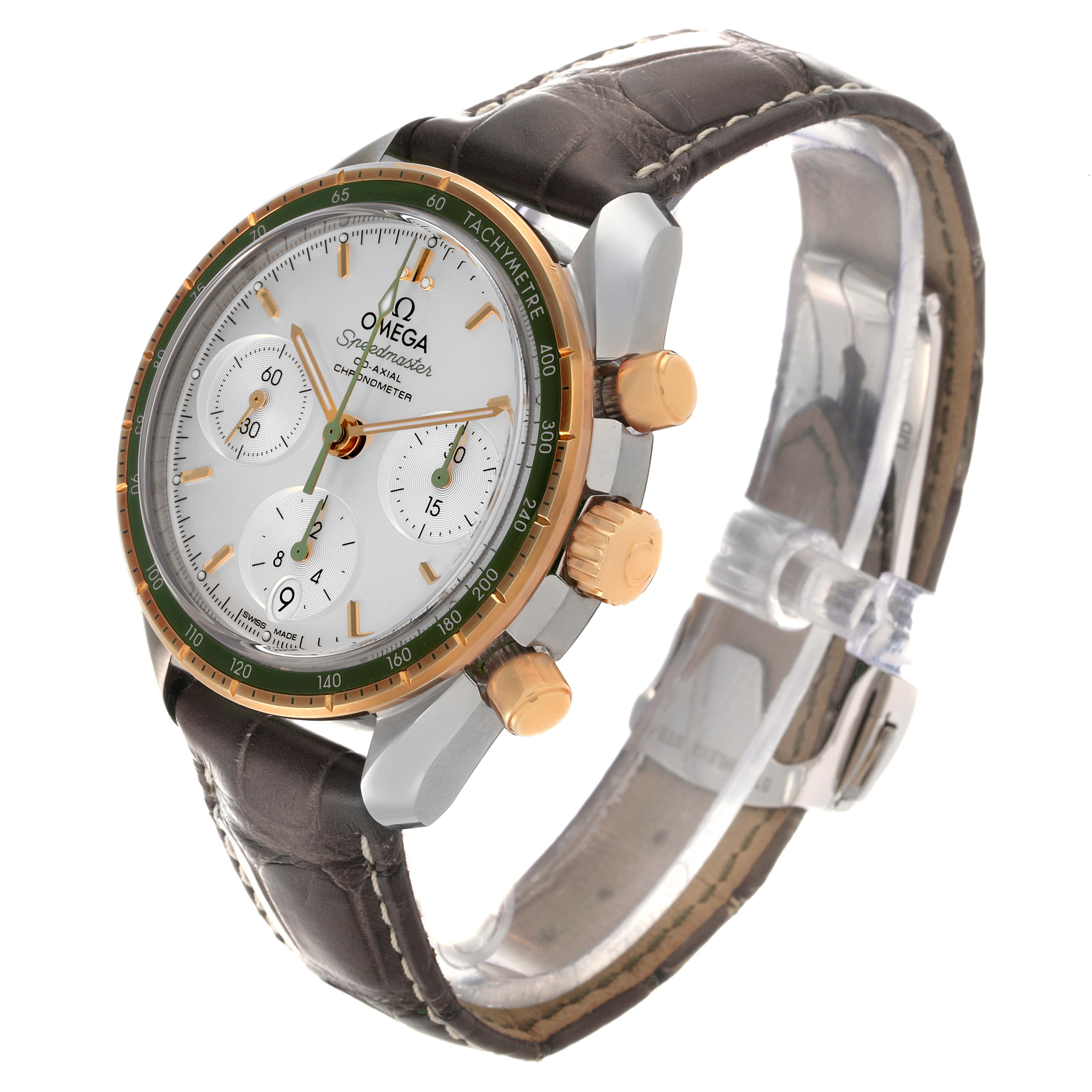 The Omega Speedmaster 324.23.38.50.02.001 Men's Steel and Gold (two tone) Silver Dial 324.23.38.50.02.001 Men's Steel and Gold (two tone) Silver Dial is shown at a three-quarter angle highlighting the face, bezel, crown, and pushers.