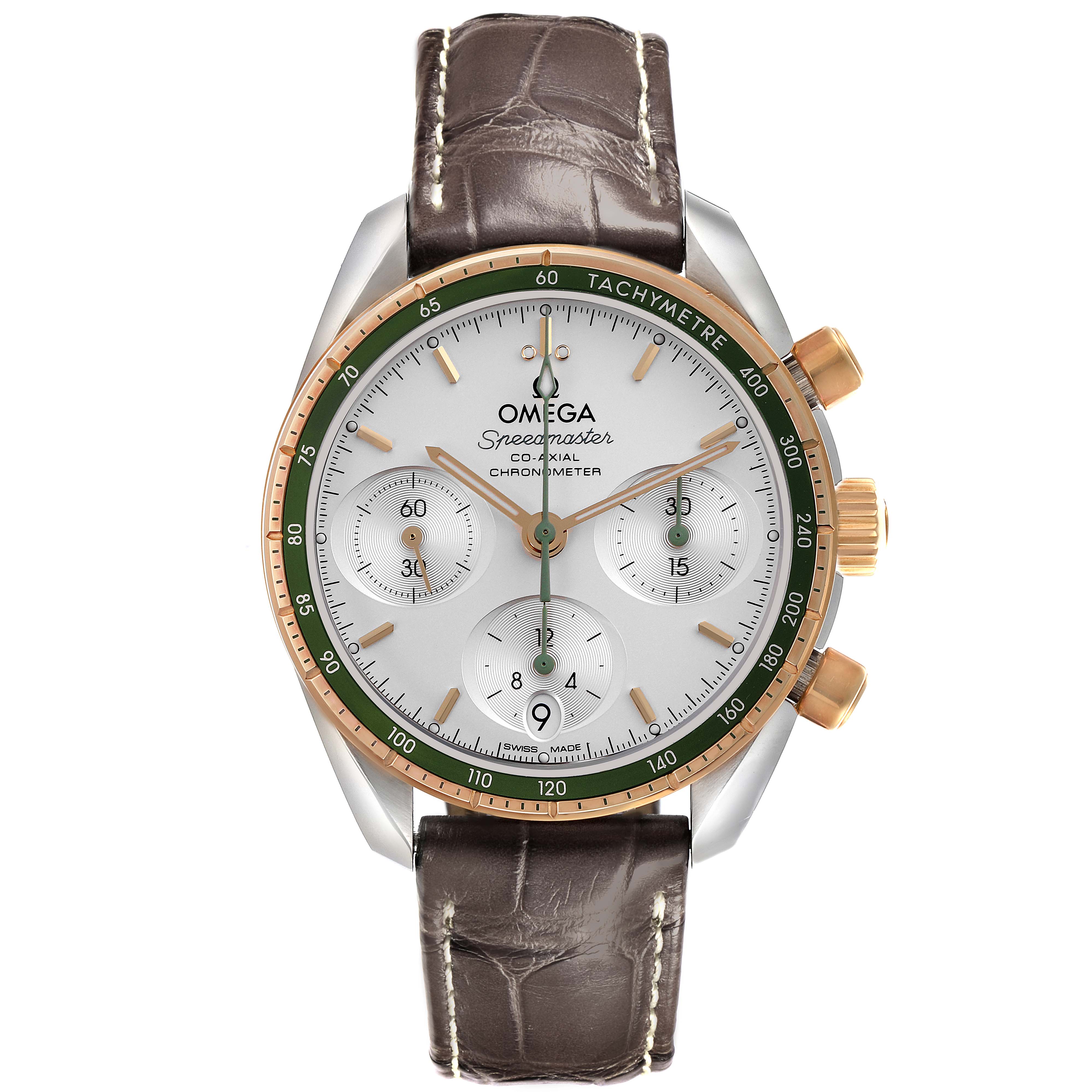 The Omega Speedmaster 324.23.38.50.02.001 Men's Steel and Gold (two tone) Silver Dial 324.23.38.50.02.001 Men's Steel and Gold (two tone) Silver Dial watch is shown from a front angle, displaying its face, bezel, subdials, and leather strap.