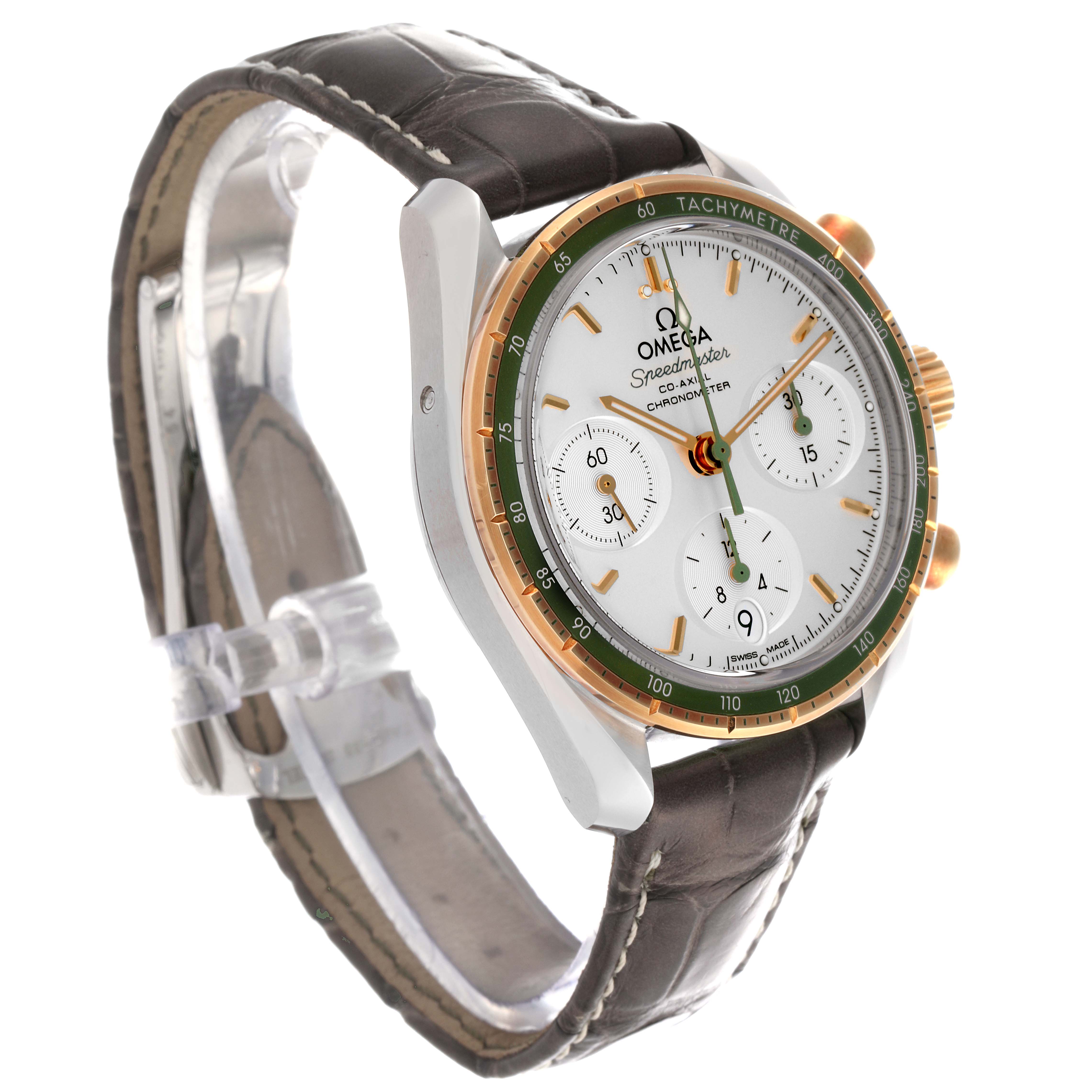 The Omega Speedmaster 324.23.38.50.02.001 Men's Steel and Gold (two tone) Silver Dial 324.23.38.50.02.001 Men's Steel and Gold (two tone) Silver Dial watch is shown at an angled side view, highlighting the face, bezel, and leather strap.
