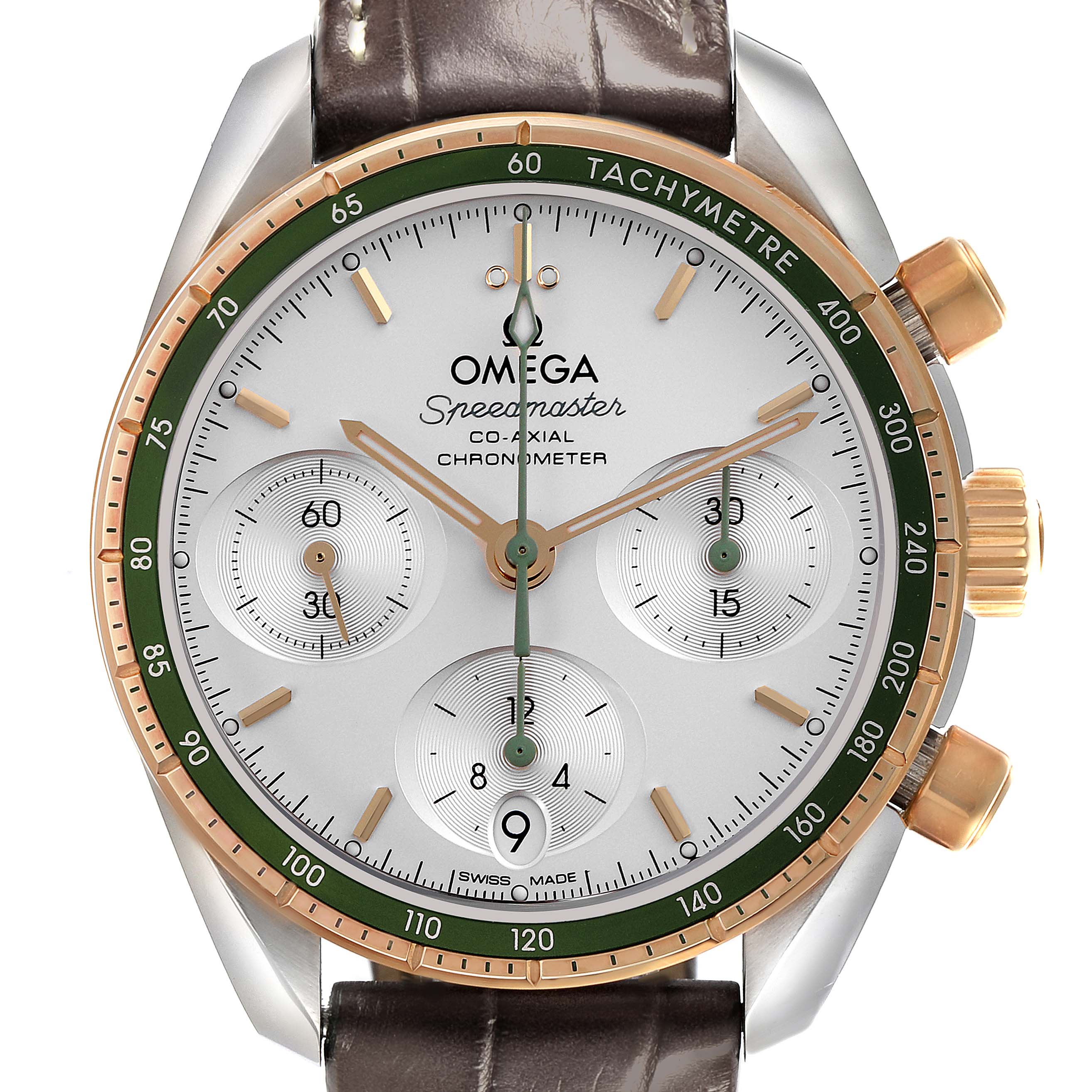 The Omega Speedmaster 324.23.38.50.02.001 Men's Steel and Gold (two tone) Silver Dial 324.23.38.50.02.001 Men's Steel and Gold (two tone) Silver Dial watch is shown from a front angle, highlighting the face, dials, and tachymeter bezel.
