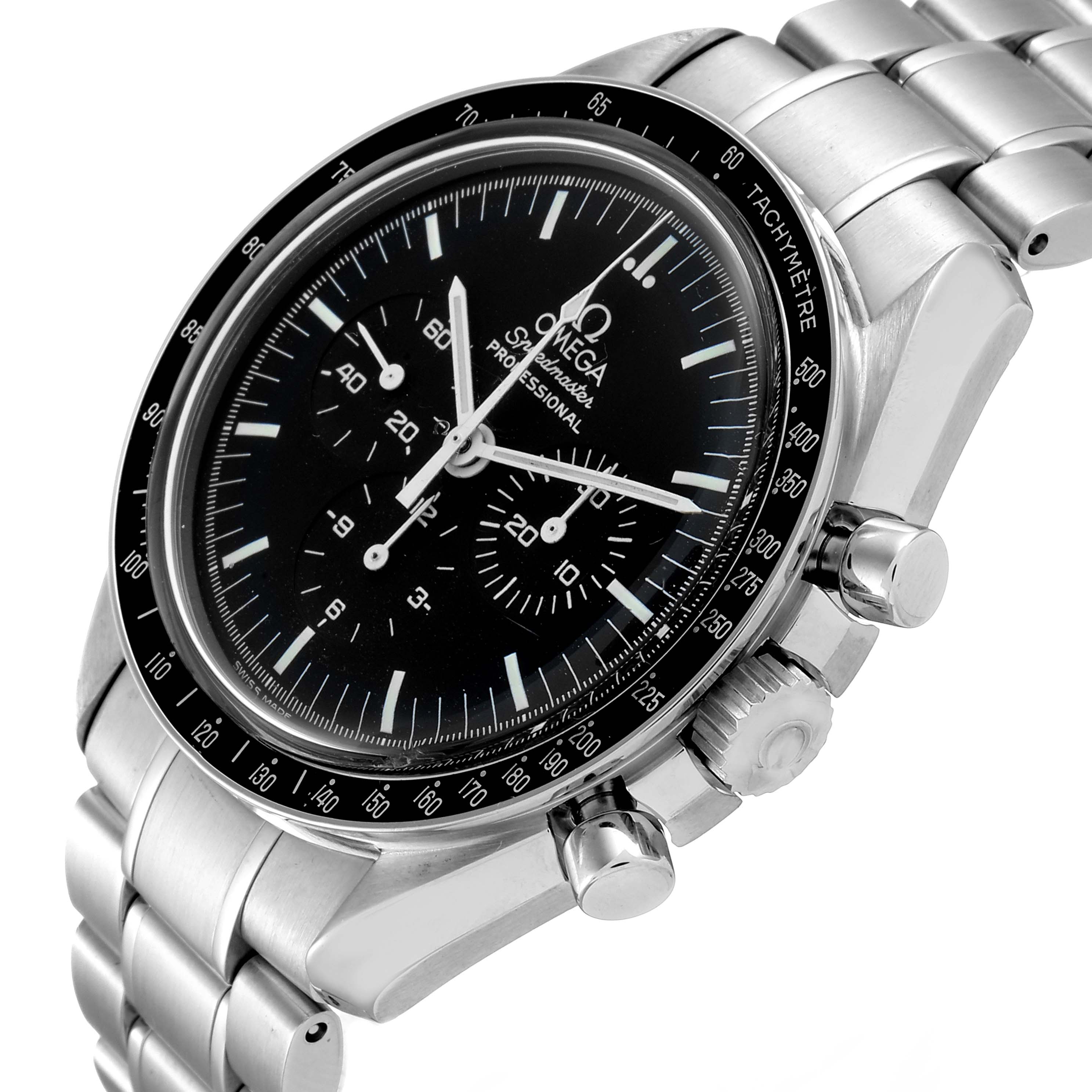 The image shows an angled close-up of the Omega Speedmaster 3570.50.00 Men
s Stainless Steel Black Dial 3570.50.00 Men
s Stainless Steel Black Dial watch face, bezel, and stainless steel band.