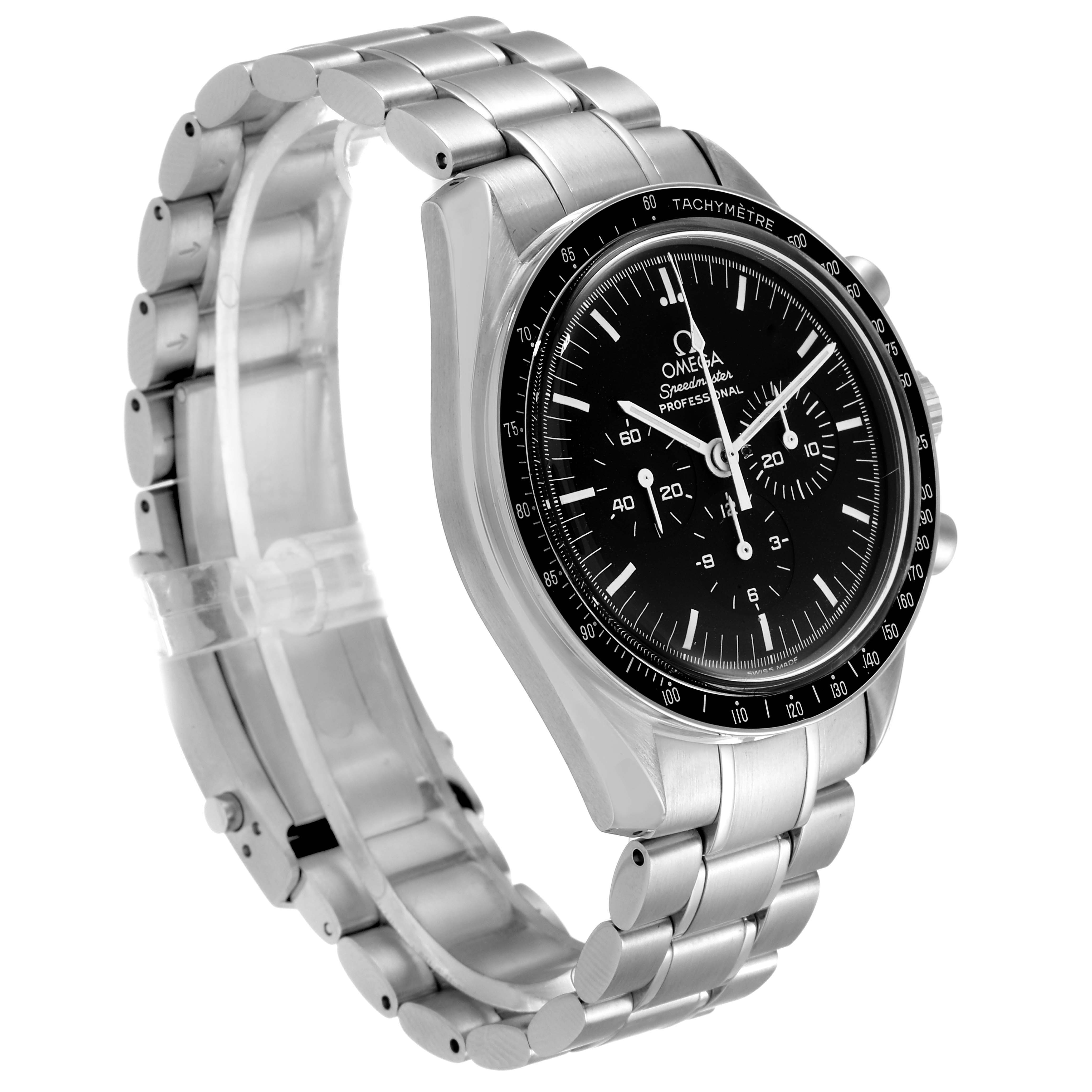 The Omega Speedmaster 3570.50.00 Men
s Stainless Steel Black Dial 3570.50.00 Men
s Stainless Steel Black Dial watch is shown at a three-quarter angle, highlighting the stainless steel bracelet, black dial, and tachymeter bezel.