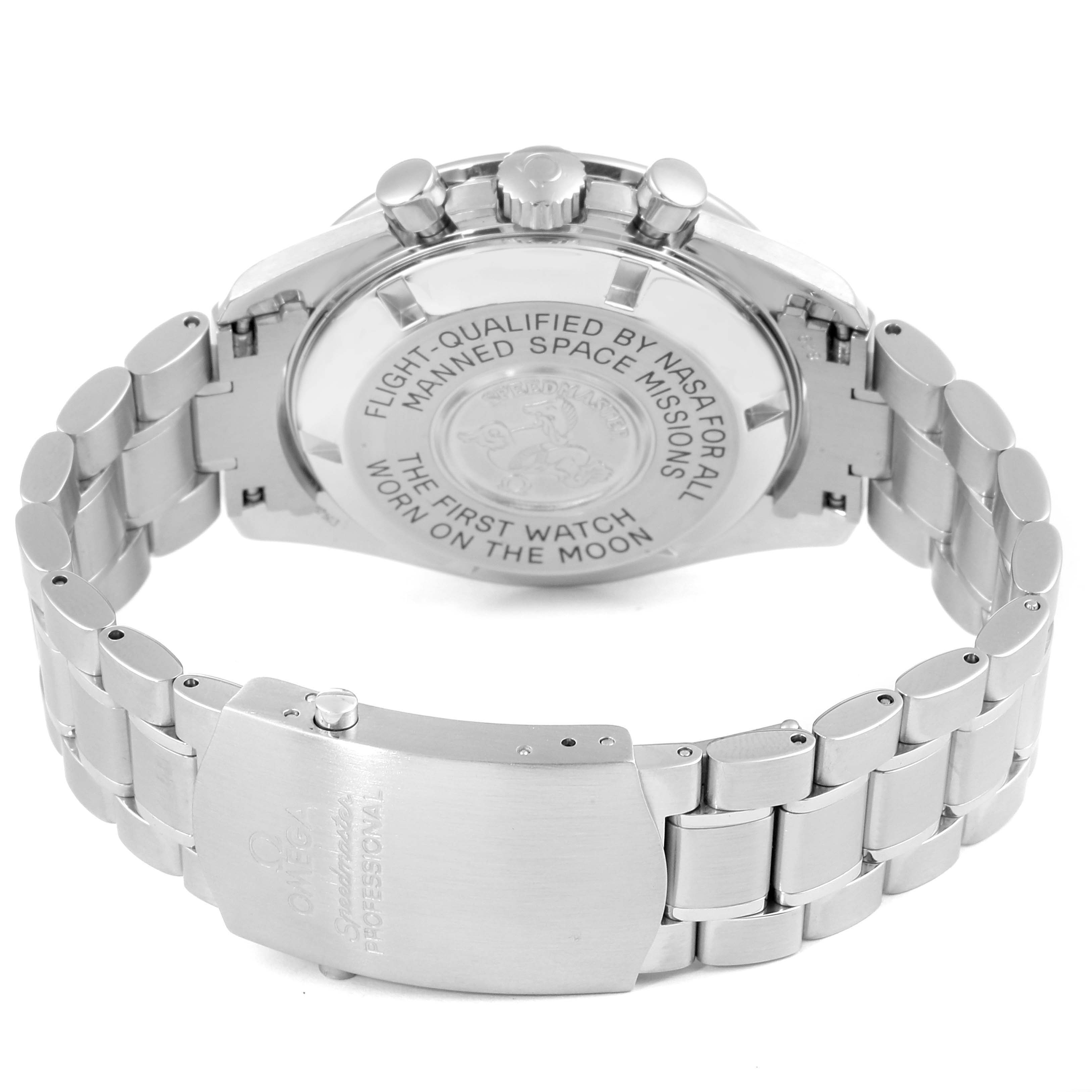 The image shows the back of the Omega Speedmaster 3570.50.00 Men
s Stainless Steel Black Dial 3570.50.00 Men
s Stainless Steel Black Dial watch, highlighting its case back and stainless steel bracelet from a rear angle.