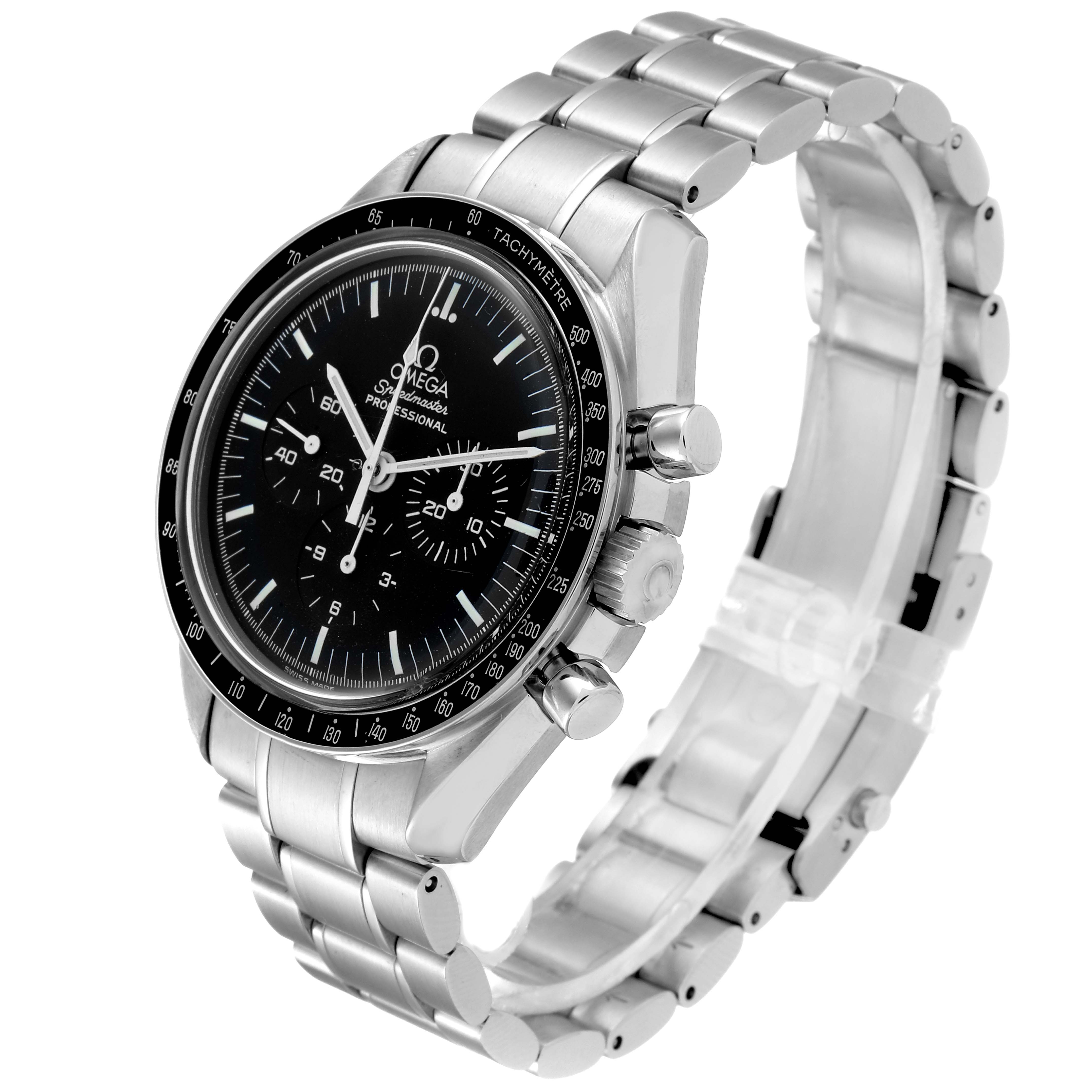 The Omega Speedmaster 3570.50.00 Men
s Stainless Steel Black Dial 3570.50.00 Men
s Stainless Steel Black Dial watch is shown at a three-quarter angle, displaying its face, bezel, pushers, and metal bracelet.
