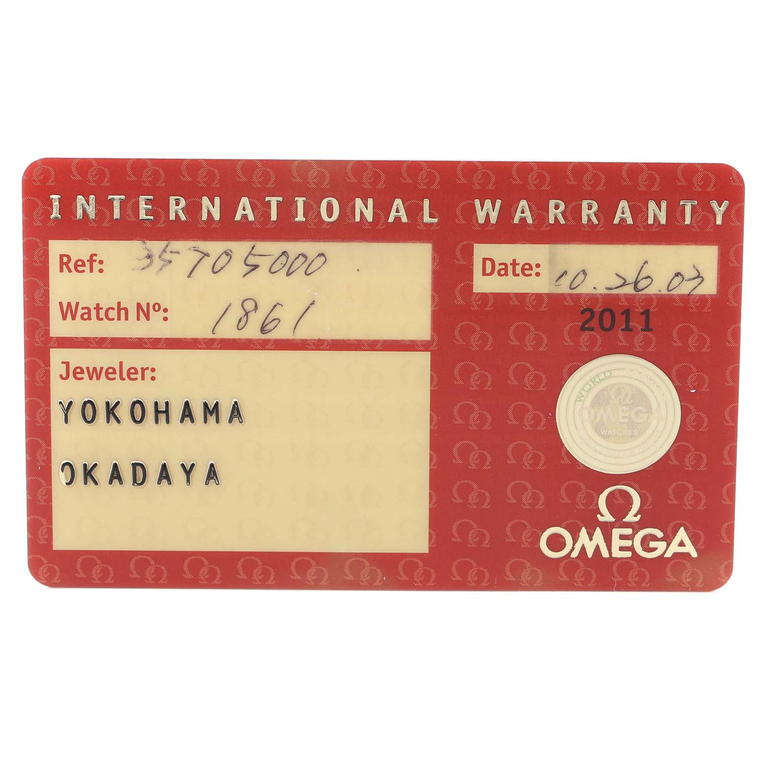 This is an international warranty card for an Omega Speedmaster 3570.50.00 Men
s Stainless Steel Black Dial 3570.50.00 Men
s Stainless Steel Black Dial watch, showing reference number, watch number, date, jeweler, and brand logo.