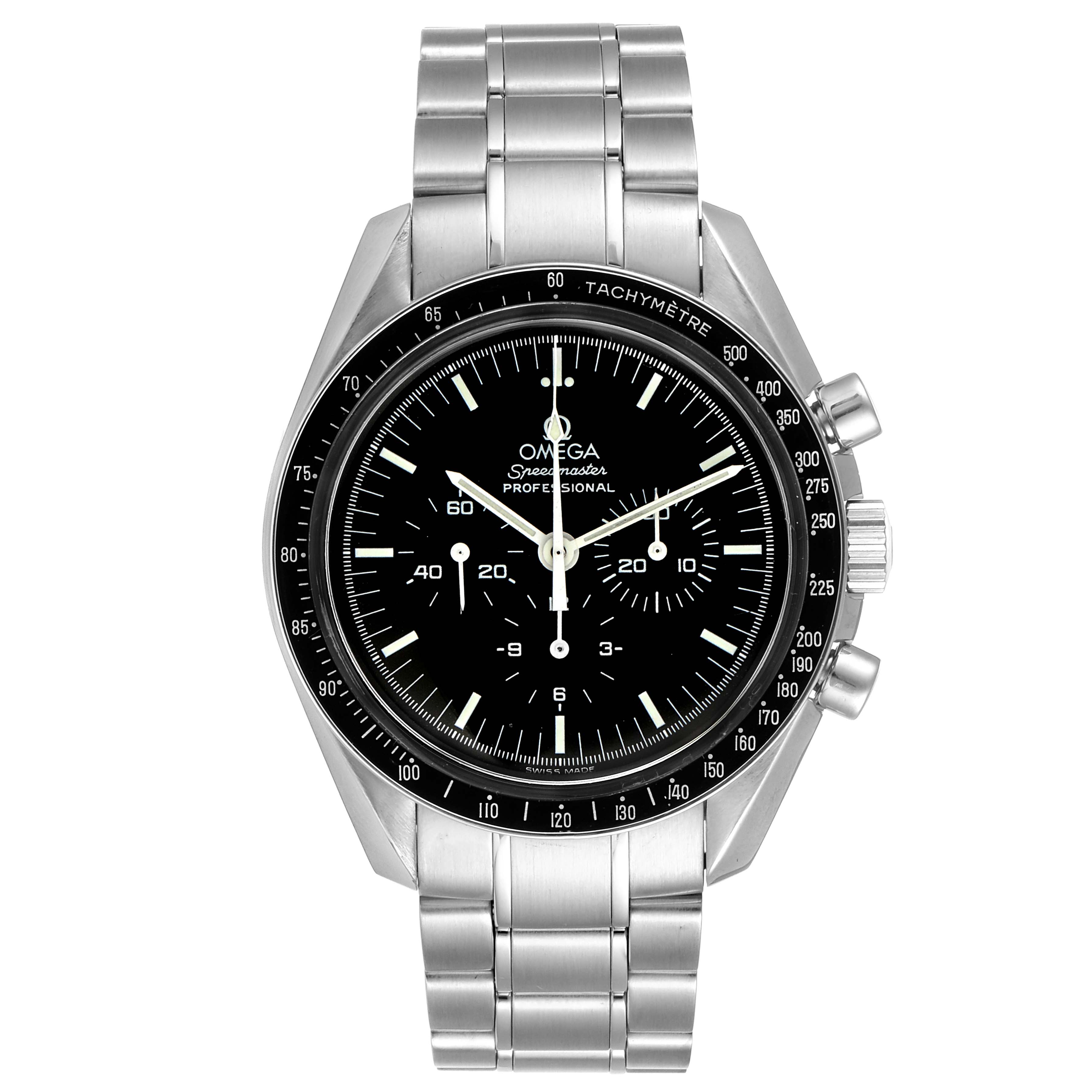 The image shows a front-view angle of the Omega Speedmaster 3570.50.00 Men
s Stainless Steel Black Dial 3570.50.00 Men
s Stainless Steel Black Dial watch, displaying the entire dial and bracelet.