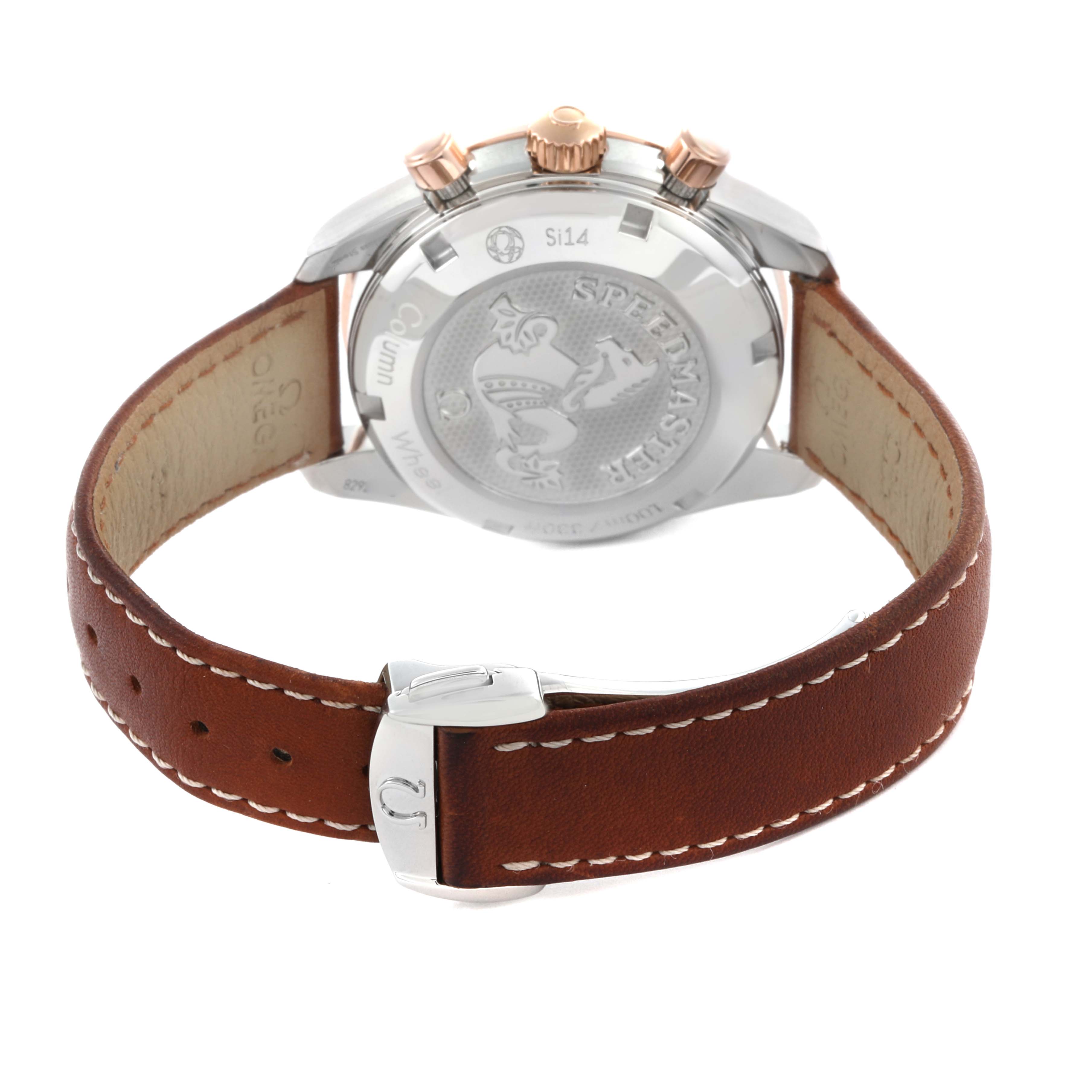 The image shows the back of the Omega Speedmaster 324.23.38.50.02.002 Men
s Stainless Steel Silver Dial 324.23.38.50.02.002 Men
s Stainless Steel Silver Dial watch, highlighting its case back, crown, and brown leather strap.
