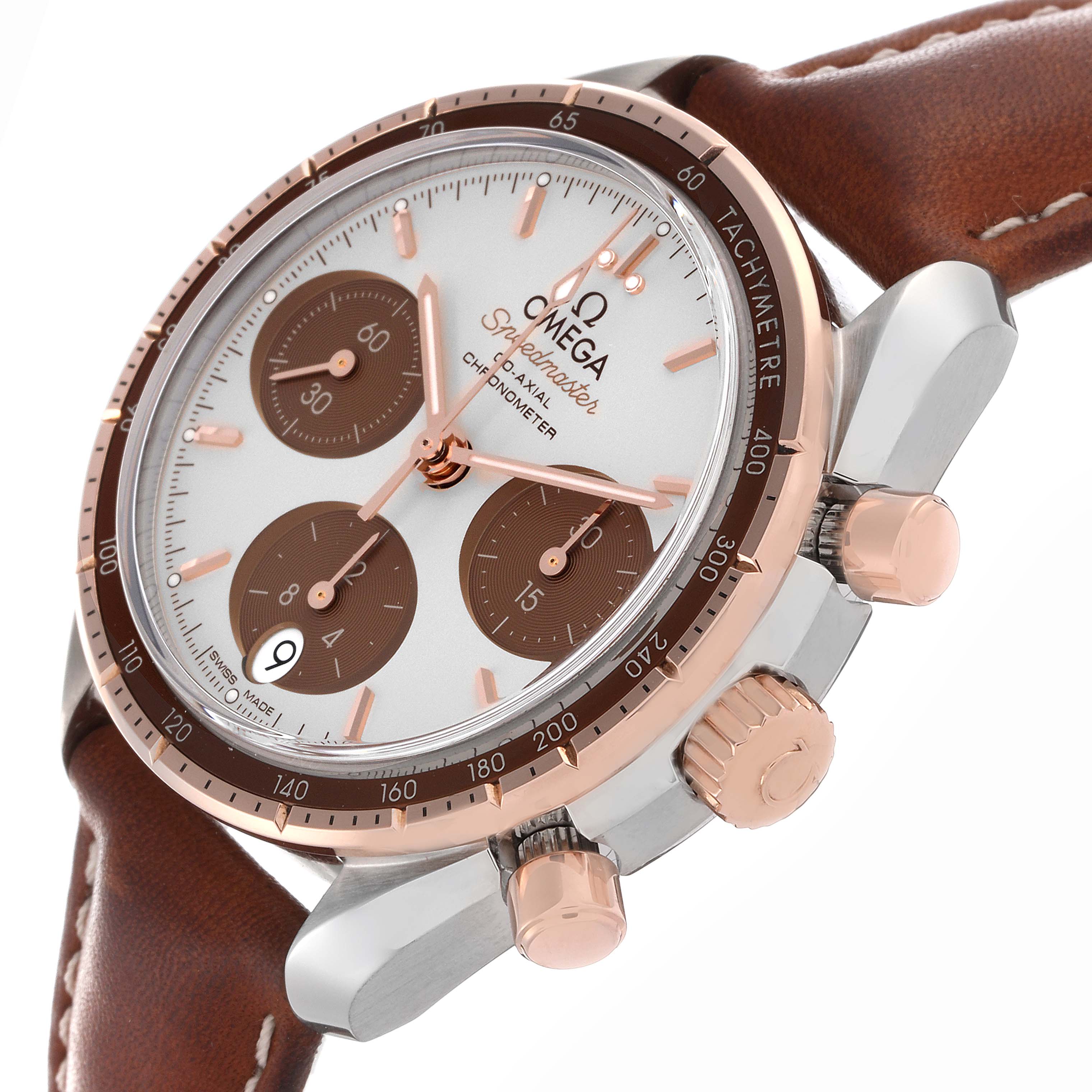 The Omega Speedmaster 324.23.38.50.02.002 Men
s Stainless Steel Silver Dial 324.23.38.50.02.002 Men
s Stainless Steel Silver Dial watch is shown at an angle highlighting the bezel, subdials, crown, and leather strap.