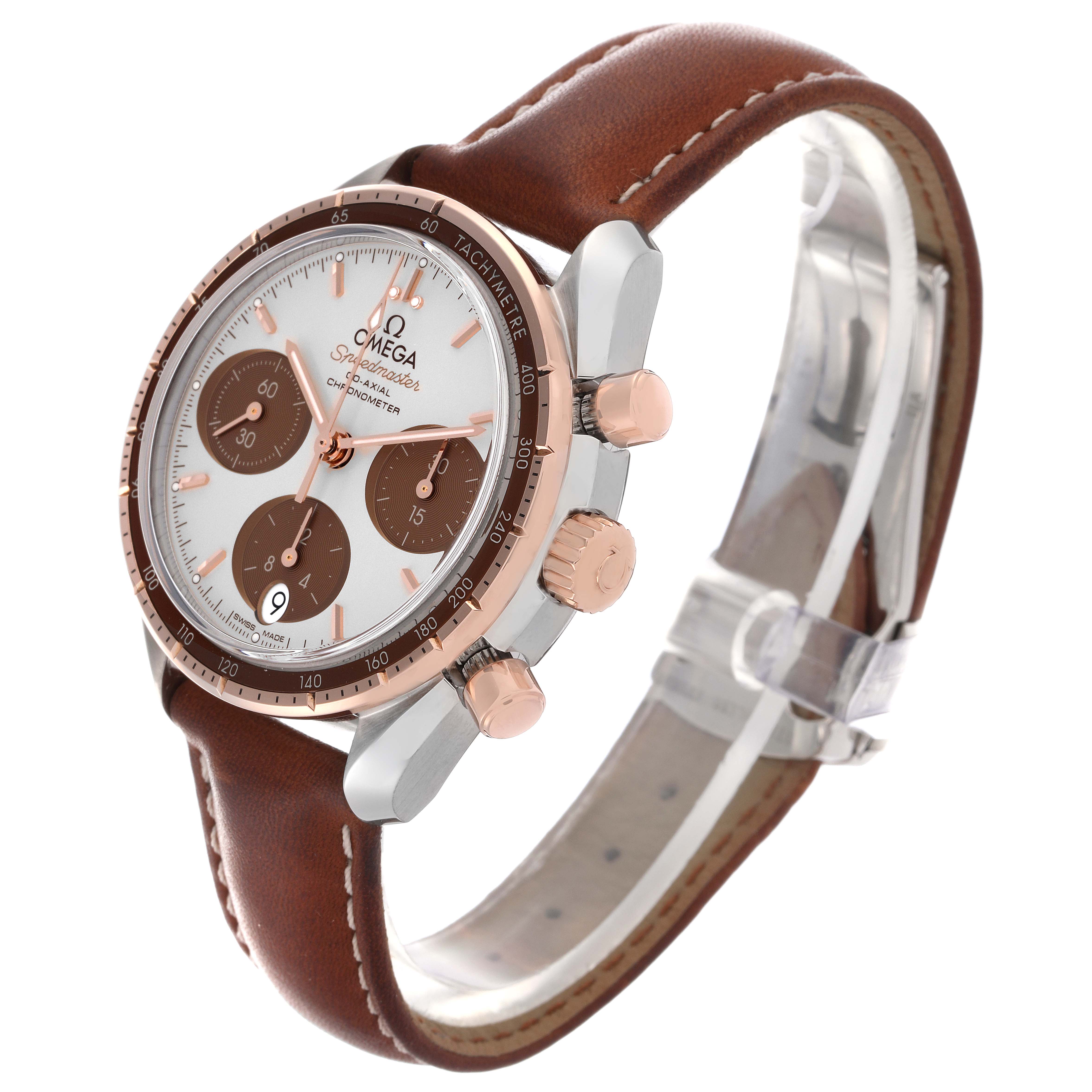 The Omega Speedmaster 324.23.38.50.02.002 Men
s Stainless Steel Silver Dial 324.23.38.50.02.002 Men
s Stainless Steel Silver Dial watch is displayed at a three-quarter angle, showing its brown leather strap, bezel, and crown.