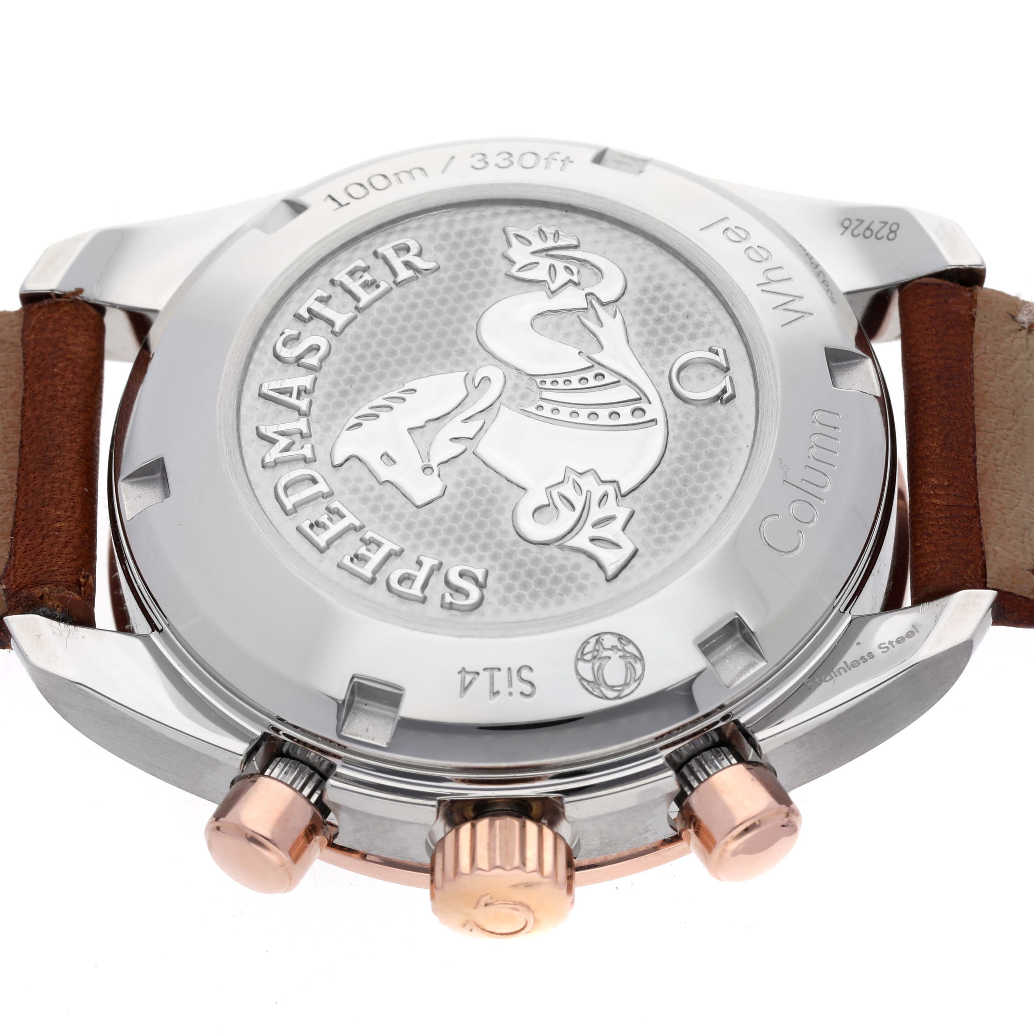 The Omega Speedmaster 324.23.38.50.02.002 Men
s Stainless Steel Silver Dial 324.23.38.50.02.002 Men
s Stainless Steel Silver Dial watch is shown from the back, displaying its case back, crown, pushers, and leather strap.