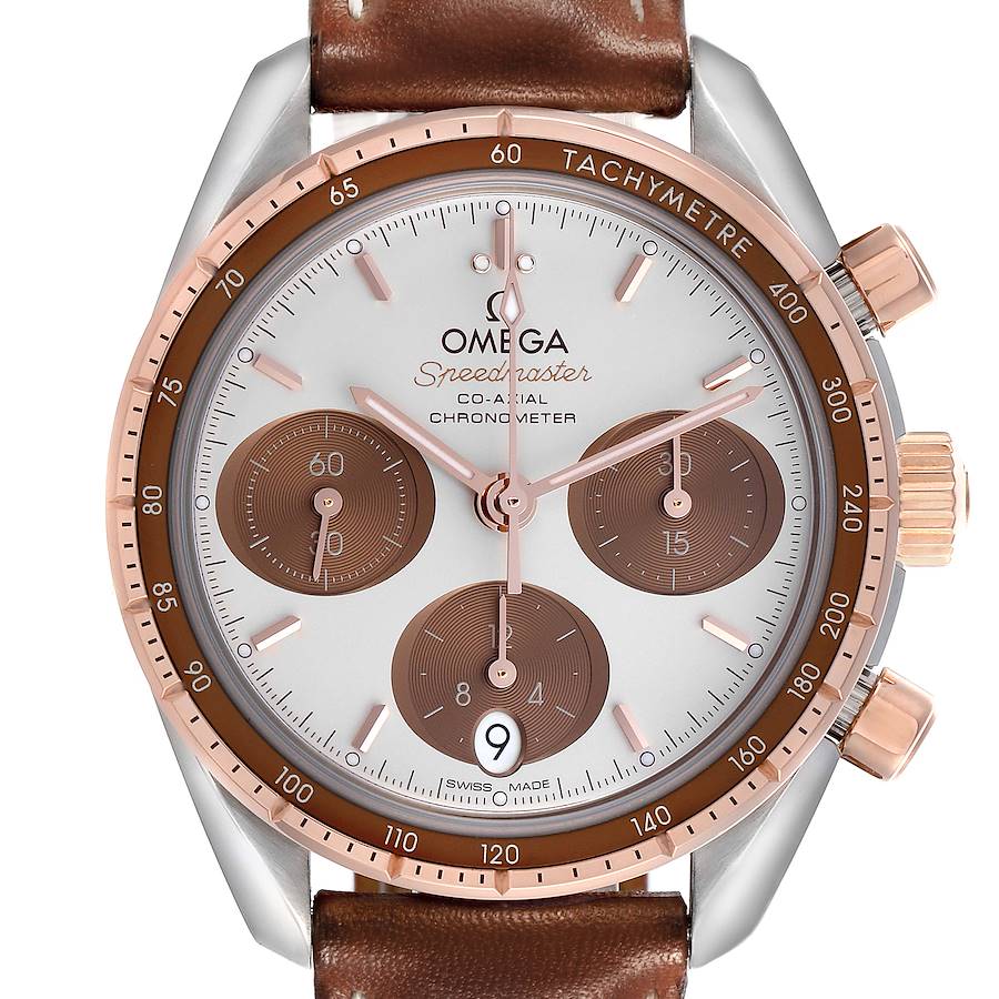 The Omega Speedmaster watch is shown from the front, displaying the dial, bezel, indices, subdials, and crown.