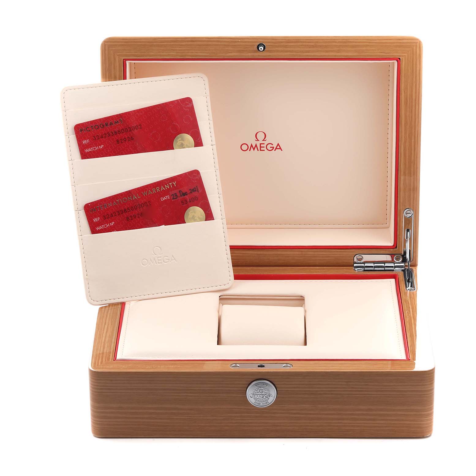 The image shows an open Omega Speedmaster 324.23.38.50.02.002 Men
s Stainless Steel Silver Dial 324.23.38.50.02.002 Men
s Stainless Steel Silver Dial watch box with warranty cards and branding.