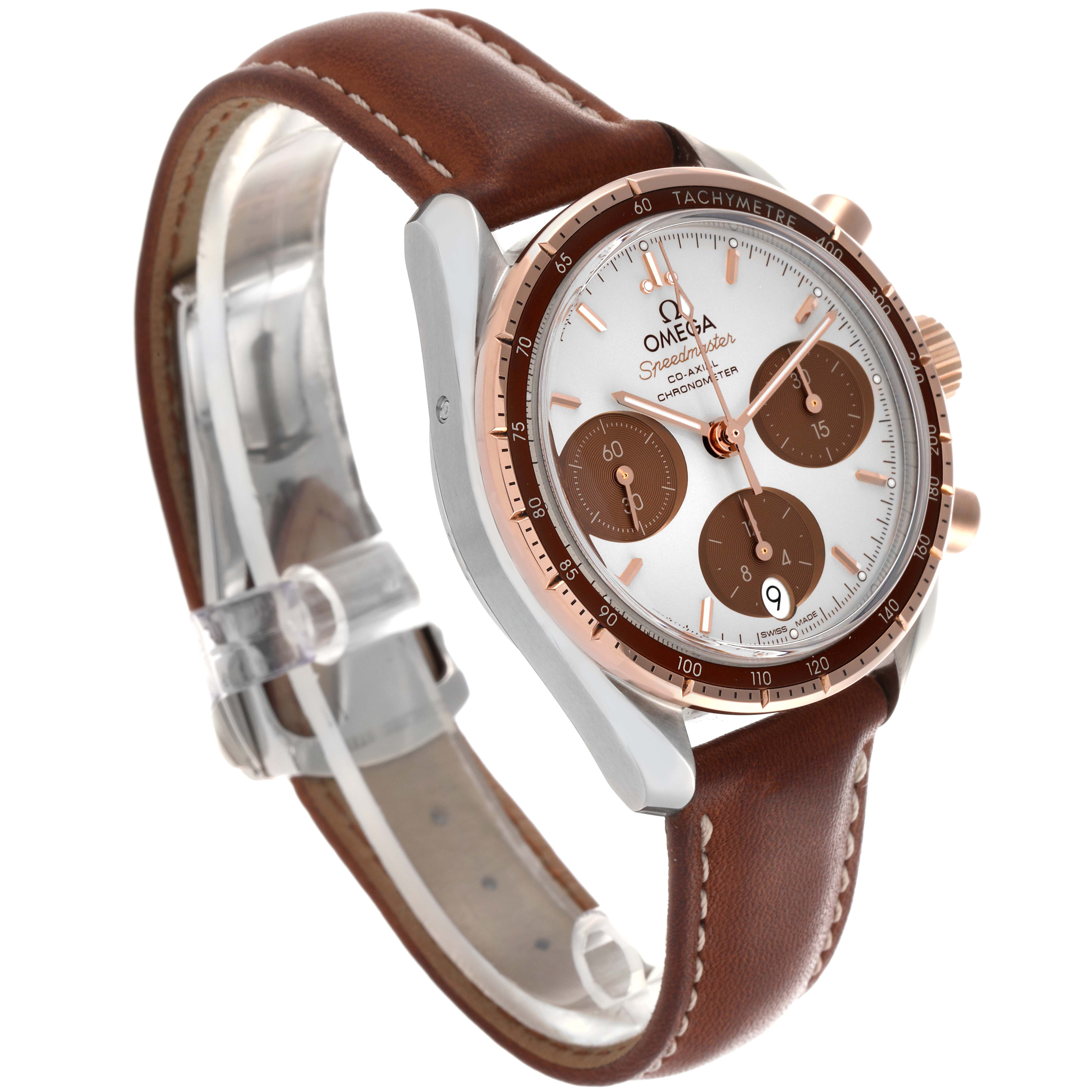 The Omega Speedmaster 324.23.38.50.02.002 Men
s Stainless Steel Silver Dial 324.23.38.50.02.002 Men
s Stainless Steel Silver Dial watch is shown at a three-quarter angle, displaying the dial, bezel, crown, pushers, and leather strap.