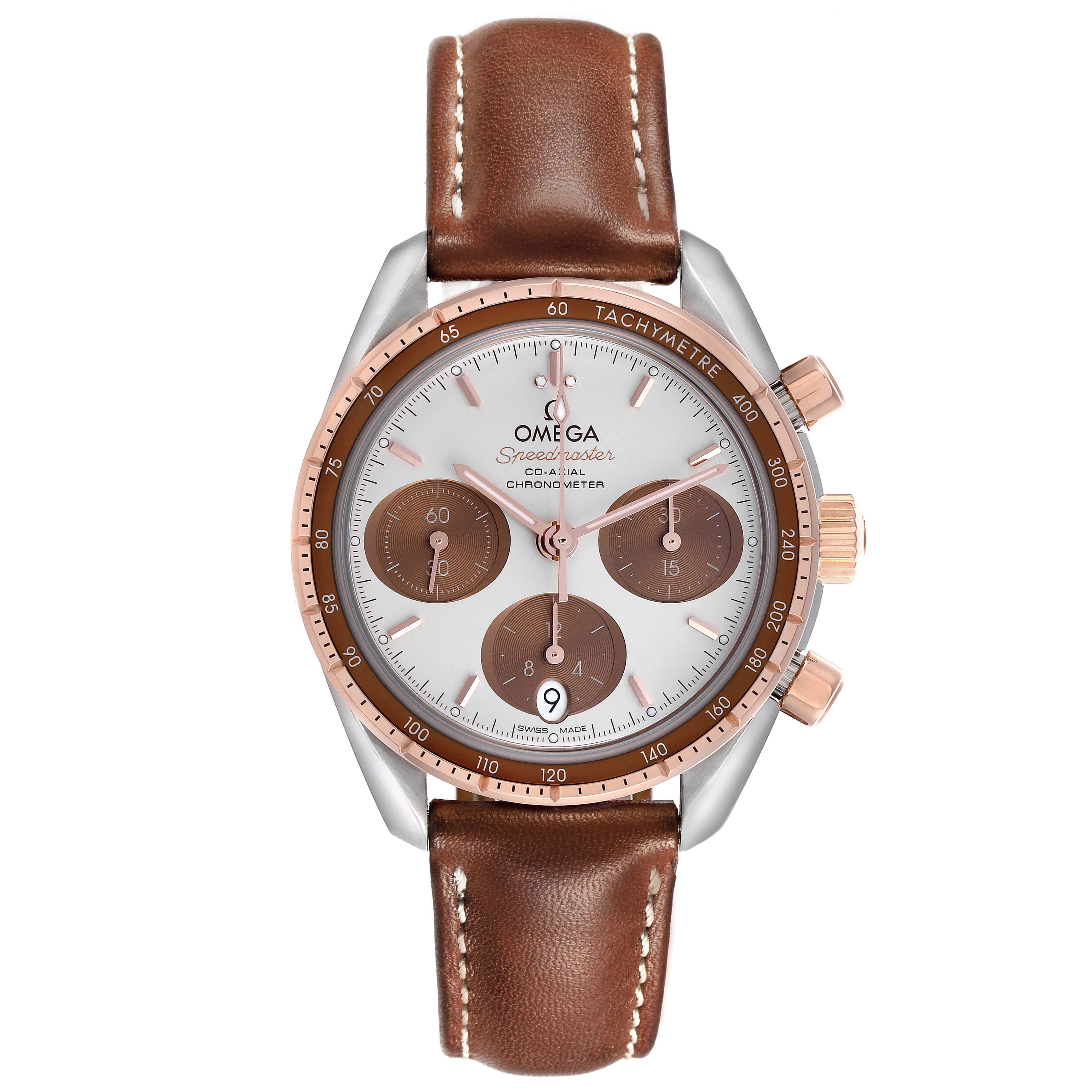 The Omega Speedmaster 324.23.38.50.02.002 Men
s Stainless Steel Silver Dial 324.23.38.50.02.002 Men
s Stainless Steel Silver Dial watch is shown from a top-down angle, highlighting its face, subdials, brown leather strap, and side buttons.