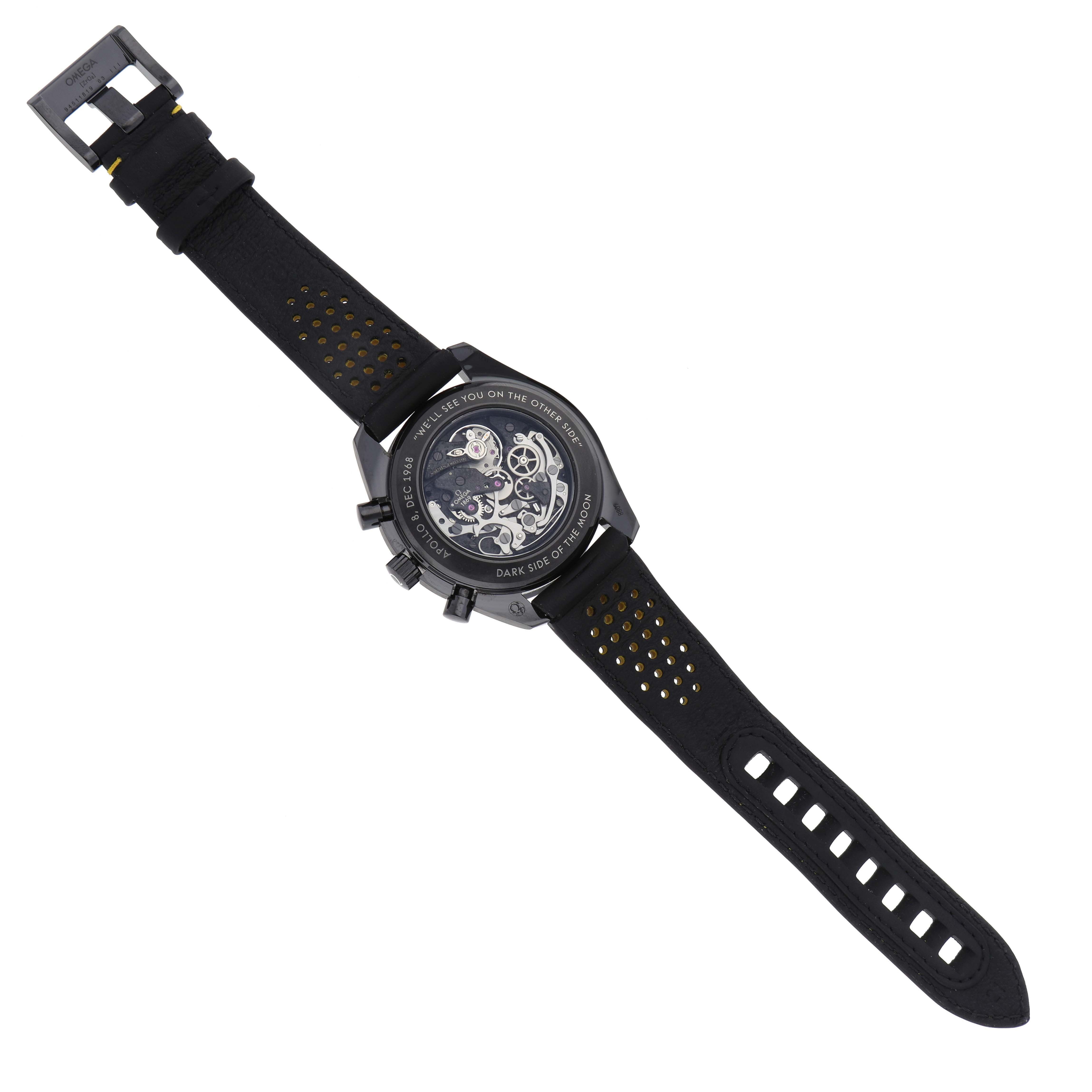 The image shows the back view of an Omega Speedmaster 311.92.44.30.01.001 Men's Ceramic Black Dial 311.92.44.30.01.001 Men's Ceramic Black Dial watch, highlighting its transparent case back and strap details.