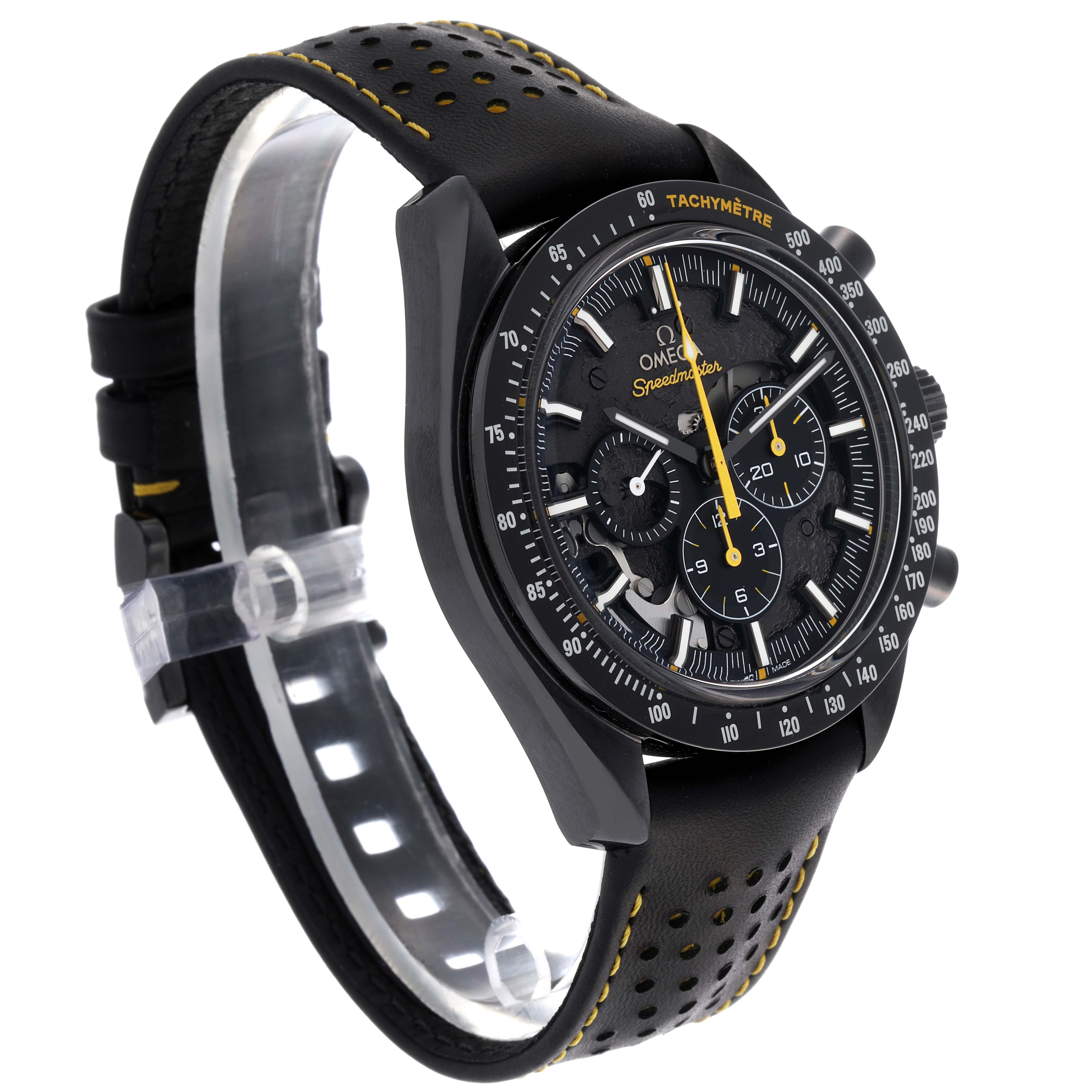 The Omega Speedmaster 311.92.44.30.01.001 Men's Ceramic Black Dial 311.92.44.30.01.001 Men's Ceramic Black Dial watch is shown at a three-quarter angle displaying the face, case, bezel, and perforated strap.