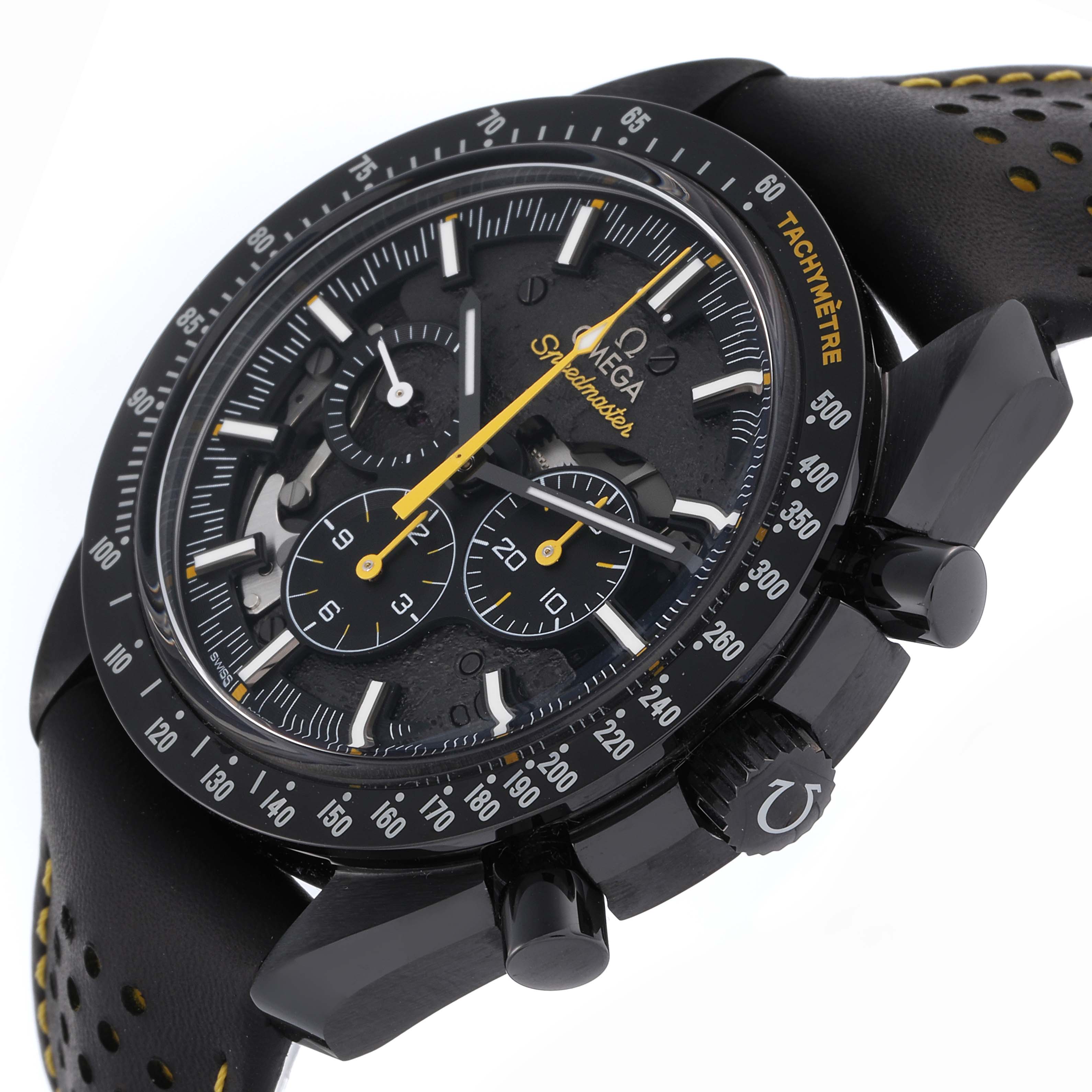 The Omega Speedmaster 311.92.44.30.01.001 Men's Ceramic Black Dial 311.92.44.30.01.001 Men's Ceramic Black Dial is shown at an angled side view, highlighting the dial, bezel, subdials, and crown.