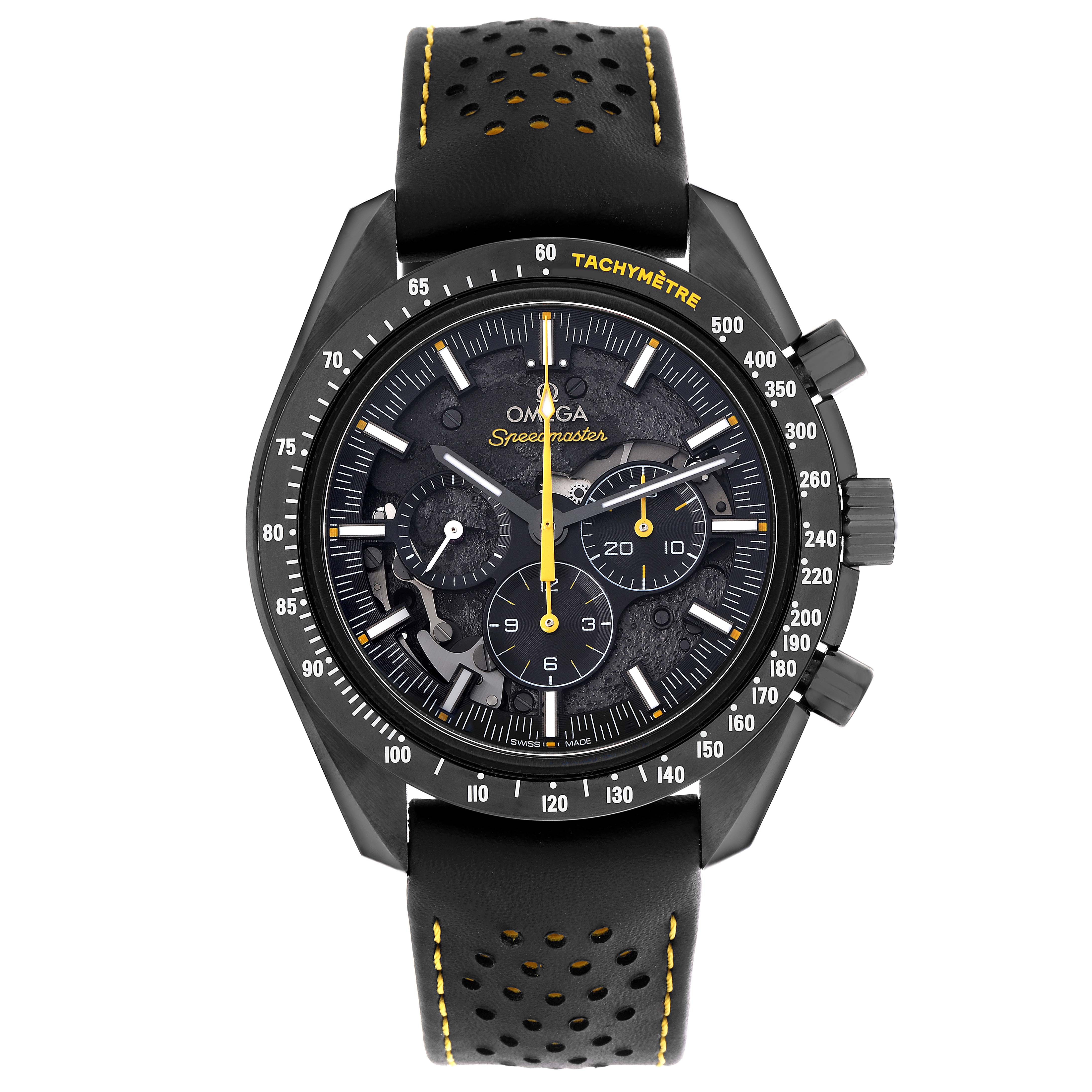 The Omega Speedmaster 311.92.44.30.01.001 Men's Ceramic Black Dial 311.92.44.30.01.001 Men's Ceramic Black Dial watch is shown from the front, highlighting its face, bezel, and strap details.