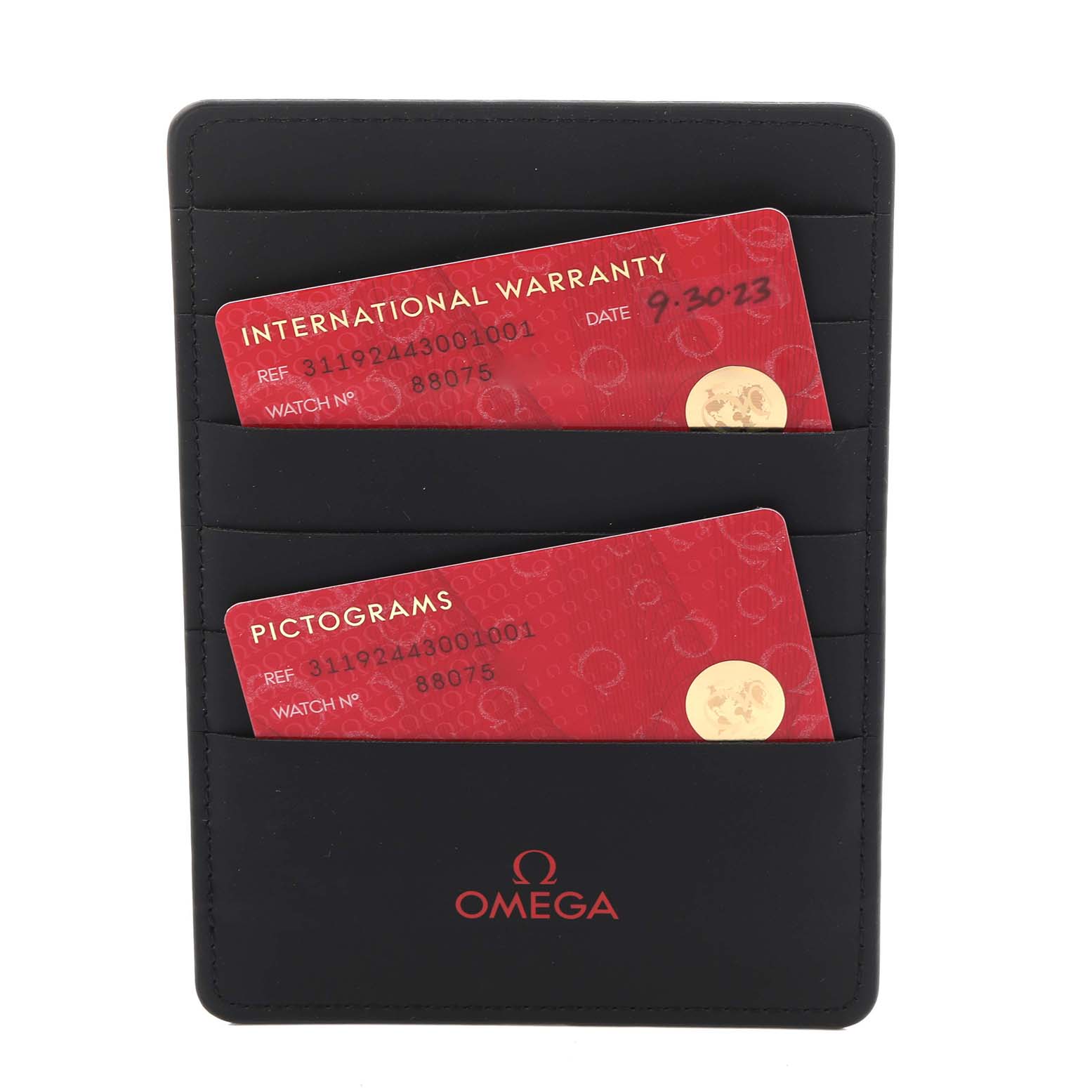 The image shows an upright view of Omega Speedmaster 311.92.44.30.01.001 Men's Ceramic Black Dial 311.92.44.30.01.001 Men's Ceramic Black Dial's warranty and pictogram cards in a black cardholder.