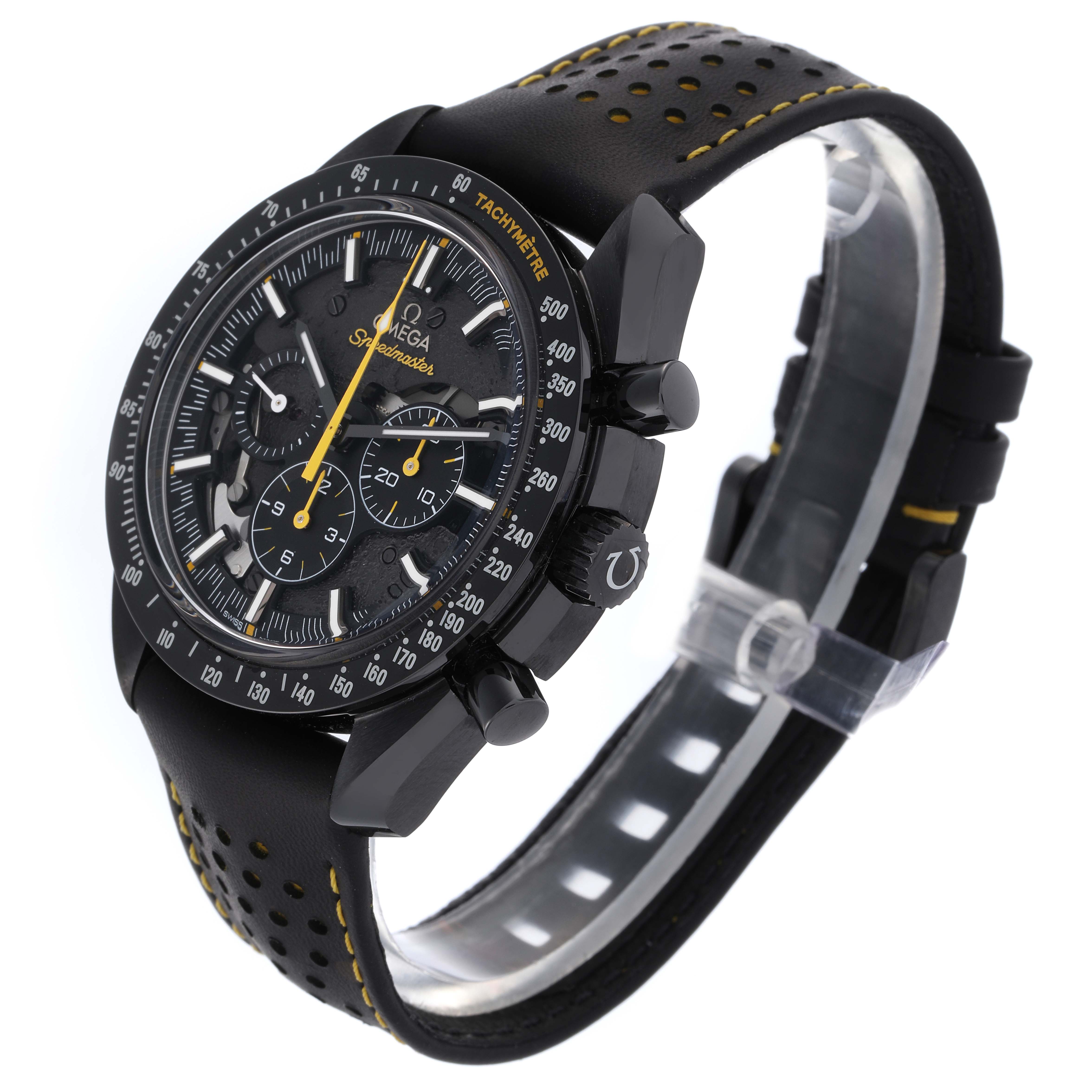 The Omega Speedmaster 311.92.44.30.01.001 Men's Ceramic Black Dial 311.92.44.30.01.001 Men's Ceramic Black Dial watch is shown from a three-quarter angle, highlighting the face, bezel, crown, pushers, and perforated strap.