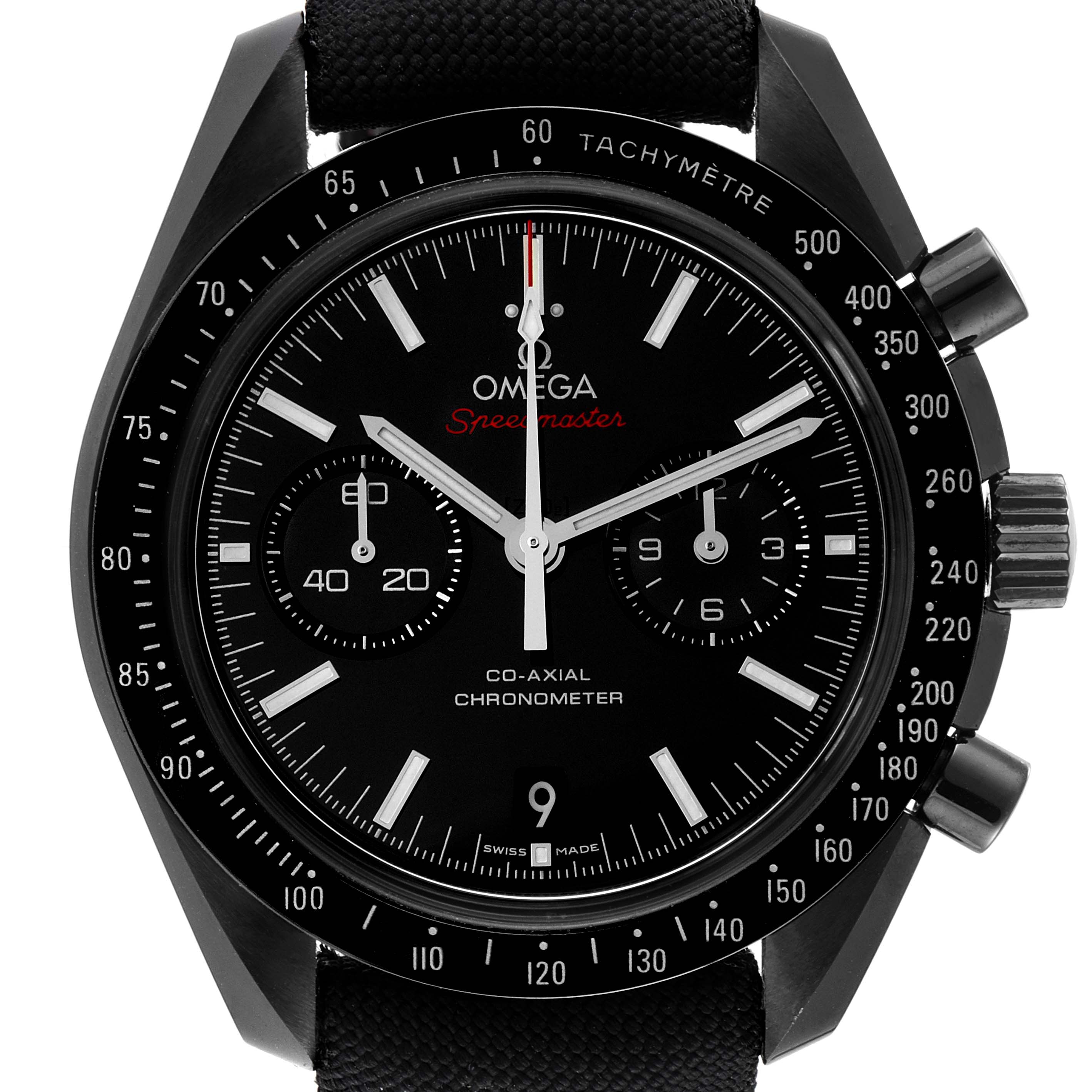 This Omega Speedmaster 311.92.44.51.01.003 Men's Ceramic Black Dial 311.92.44.51.01.003 Men's Ceramic Black Dial watch is shown from a front angle, highlighting the dial, hands, sub-dials, and tachymeter bezel.