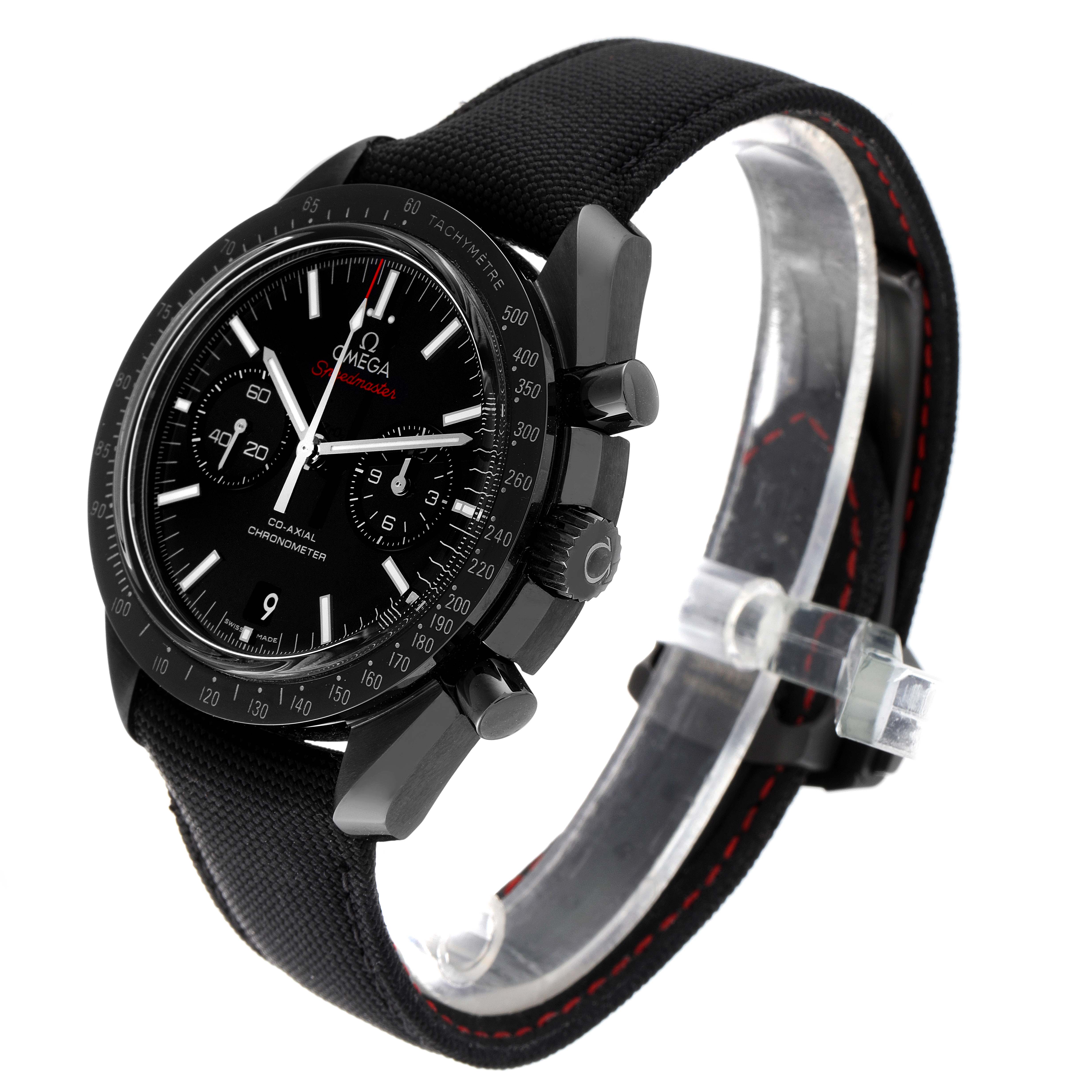 The image shows an angled side view of the Omega Speedmaster 311.92.44.51.01.003 Men's Ceramic Black Dial 311.92.44.51.01.003 Men's Ceramic Black Dial watch, highlighting its face, buttons, crown, and part of the strap.